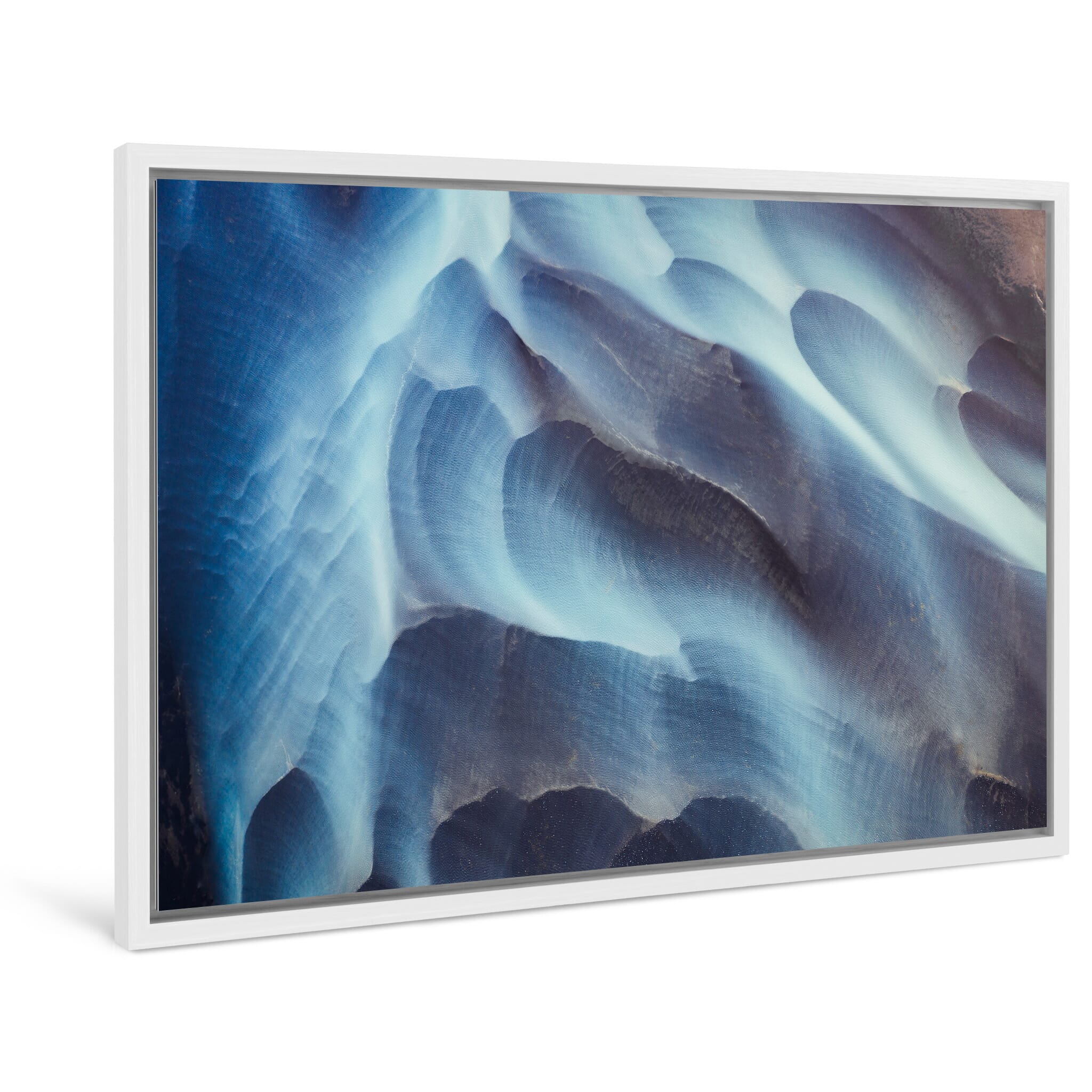 Framed photo print of Icelandic river delta with winding sediment paths