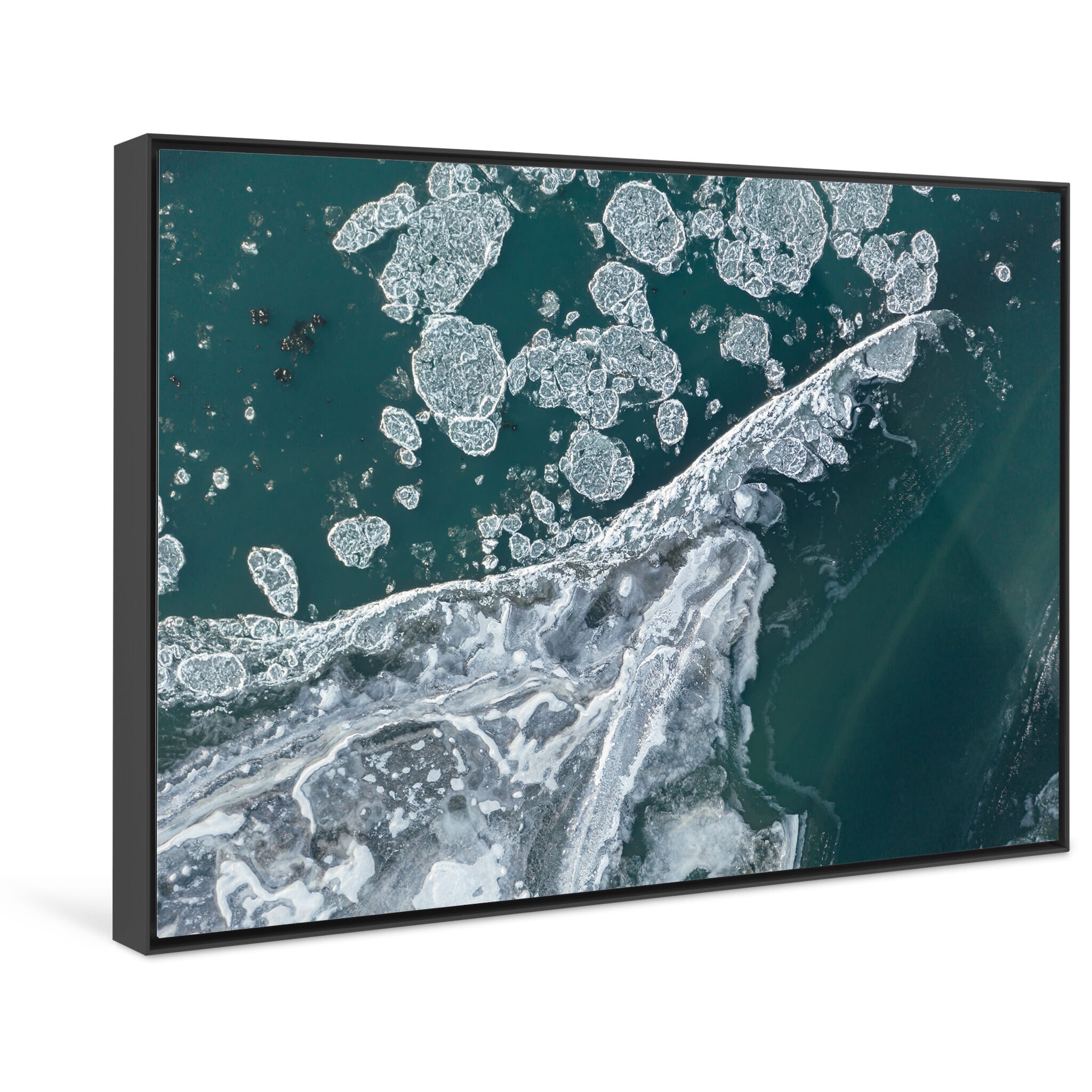 Framed photo print of frozen Icelandic river with dynamic ice patterns