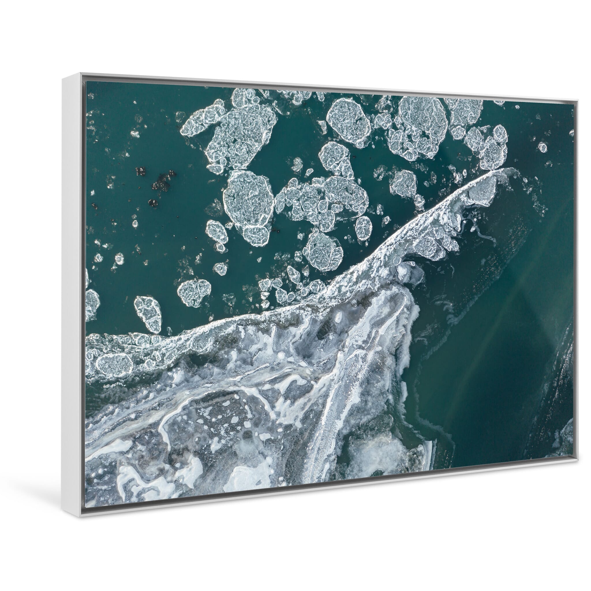 Framed photo print of winter river scene with glacial melt and ice floes