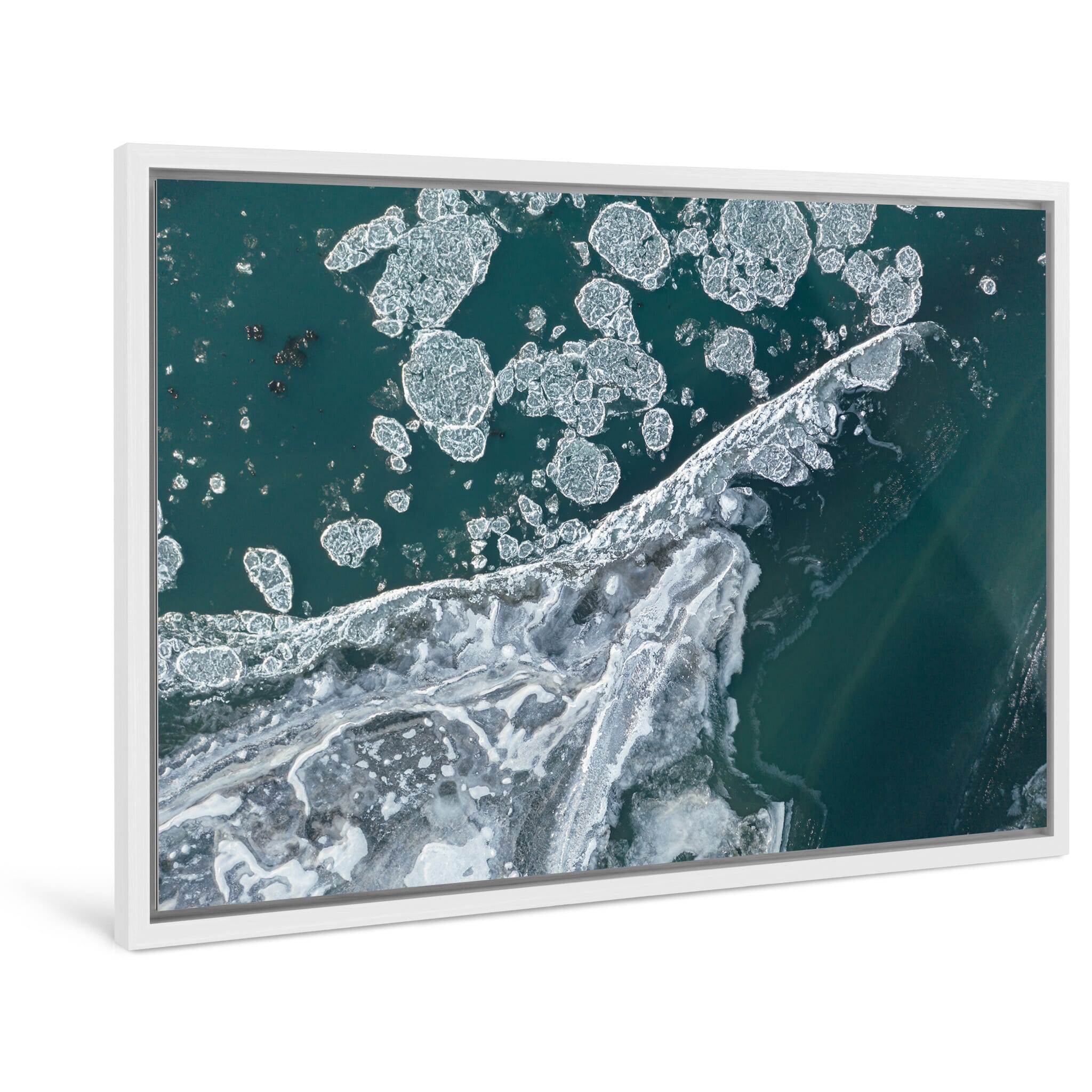 Framed photo print of glacial river with frozen textures and ice movement