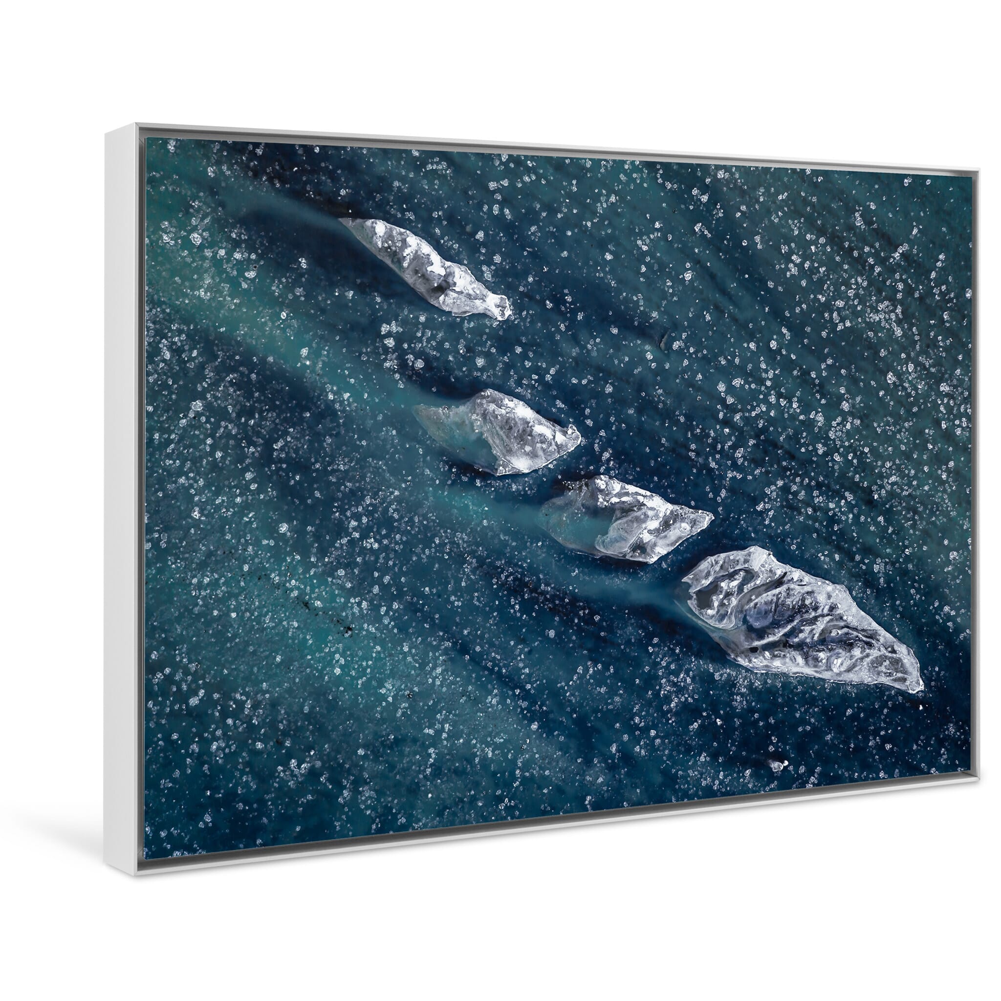 Framed photo print of Þjórsá River in Iceland with dynamic frozen patterns