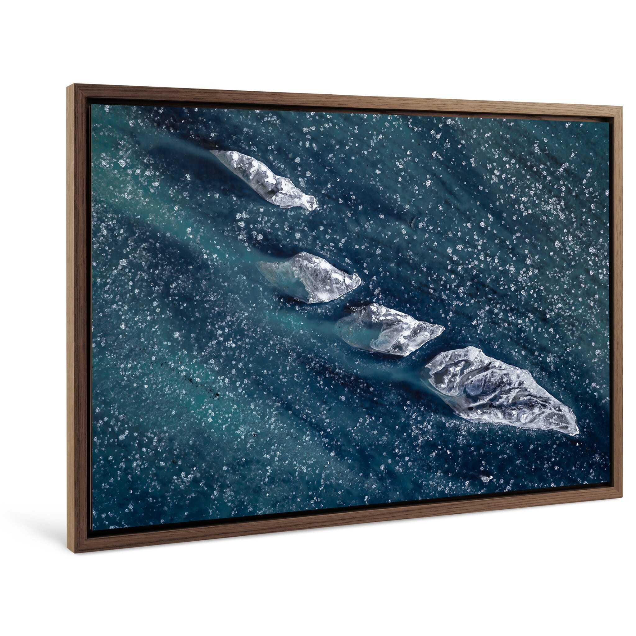 Framed photo print of aerial winter landscape shaped by ice and glacial melt