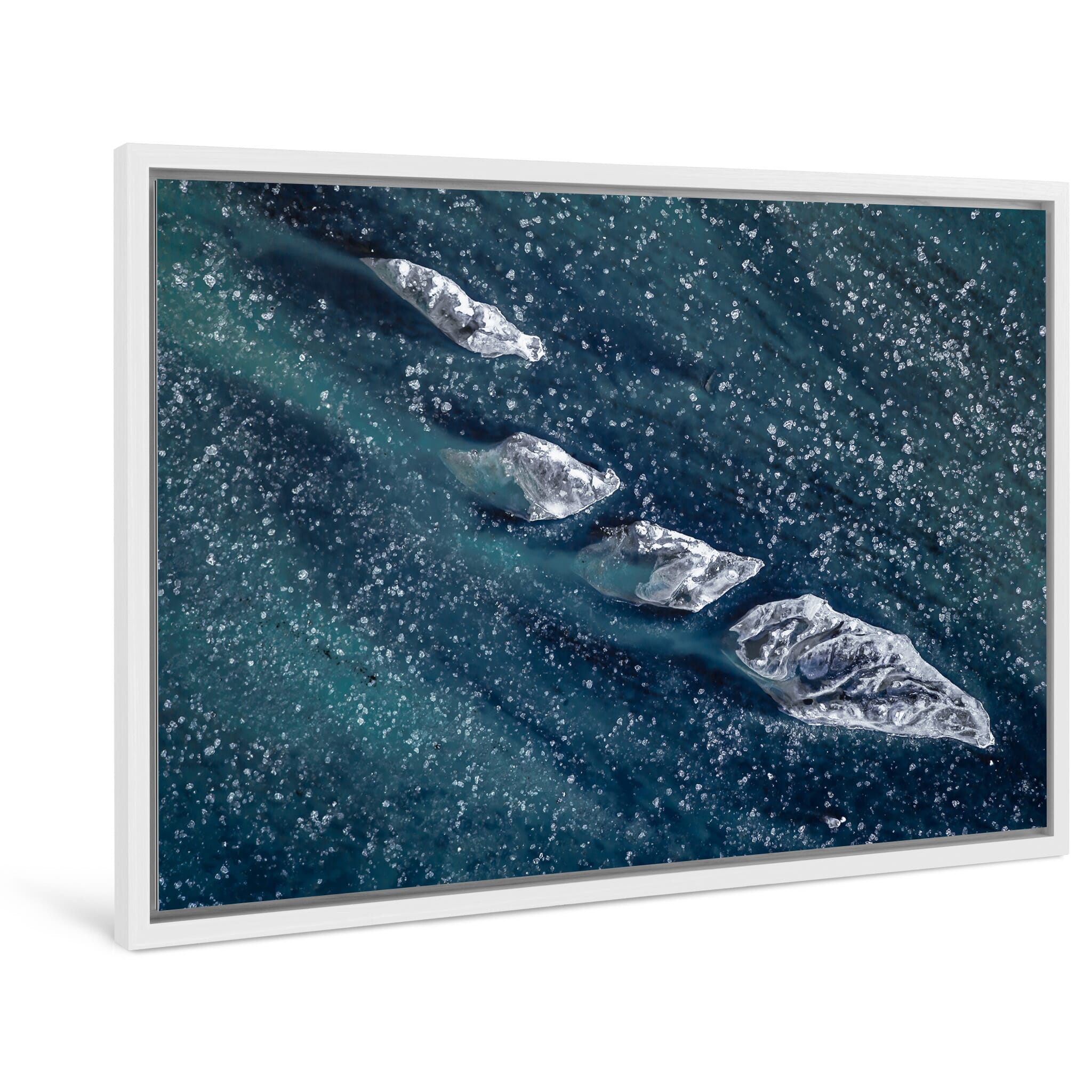 Framed photo print of frozen river textures and ice movement in South Iceland