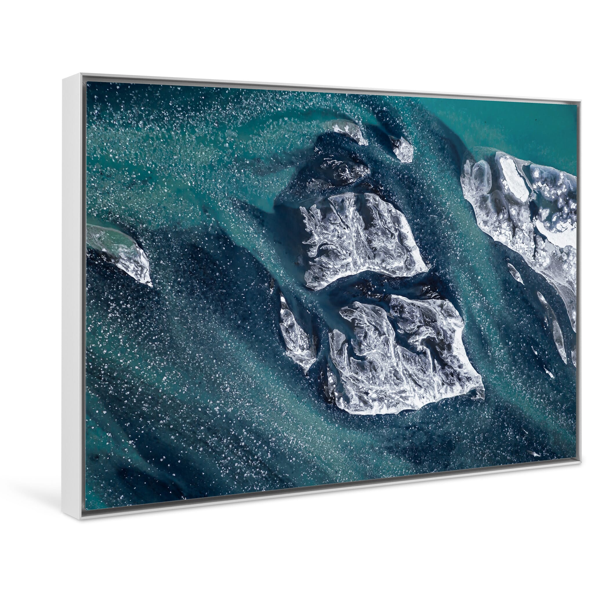 Framed photo print of Þjórsá River in Iceland with dynamic frozen patterns