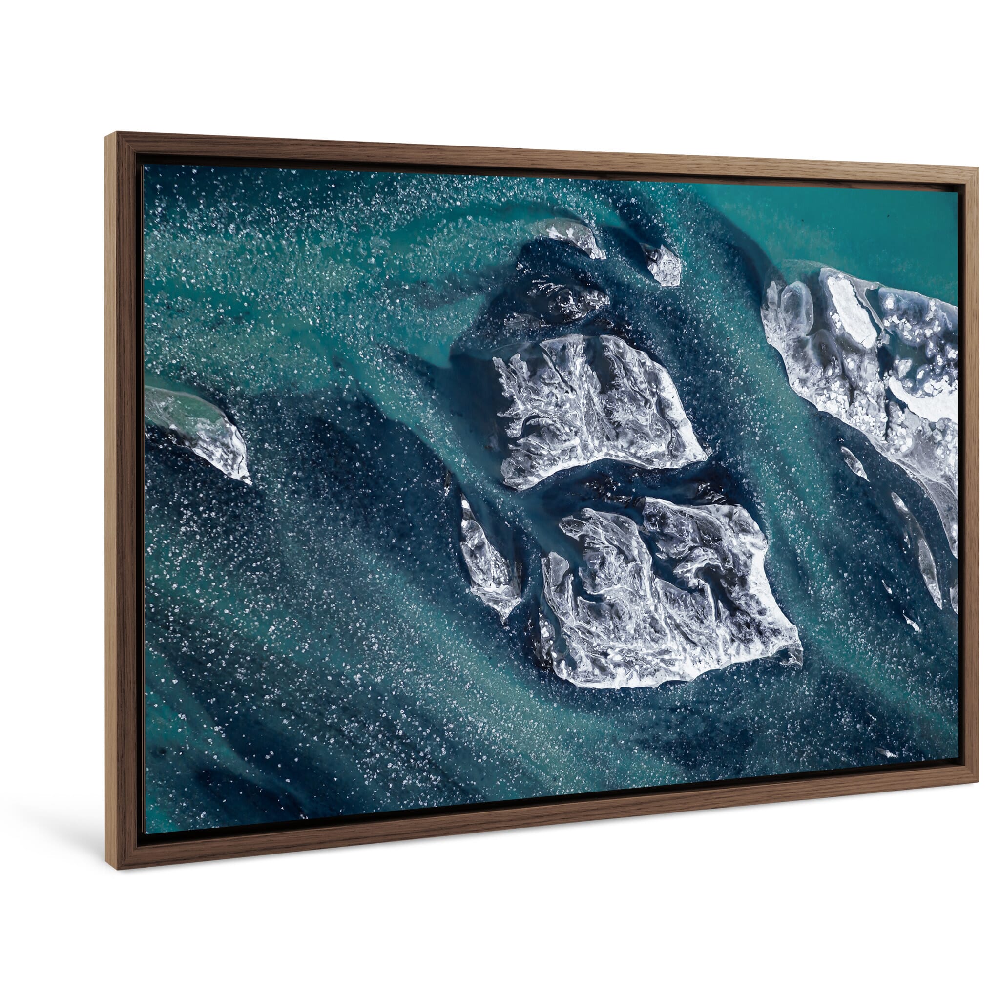 Framed photo print of aerial winter landscape shaped by ice and glacial melt