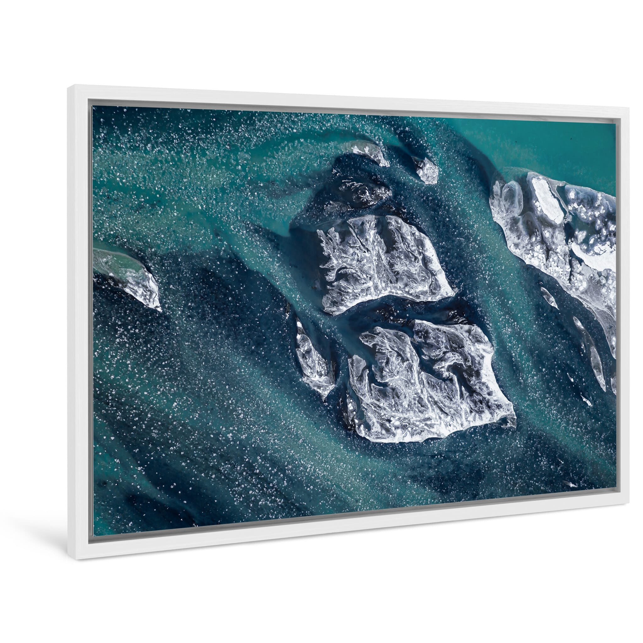Framed photo print of frozen river textures and ice movement in South Iceland