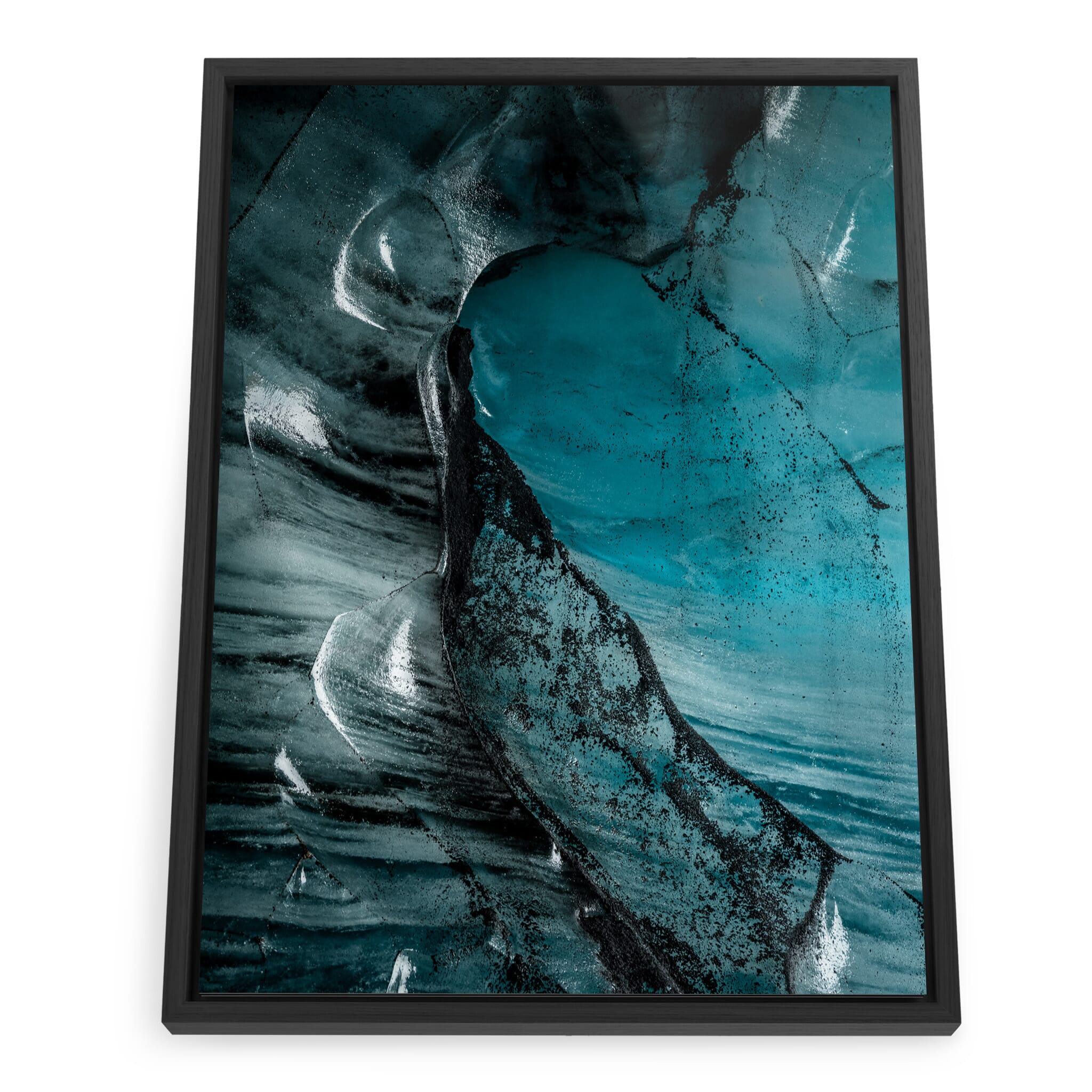 Framed photo print of blue-toned glacier interior with sculpted ice formations