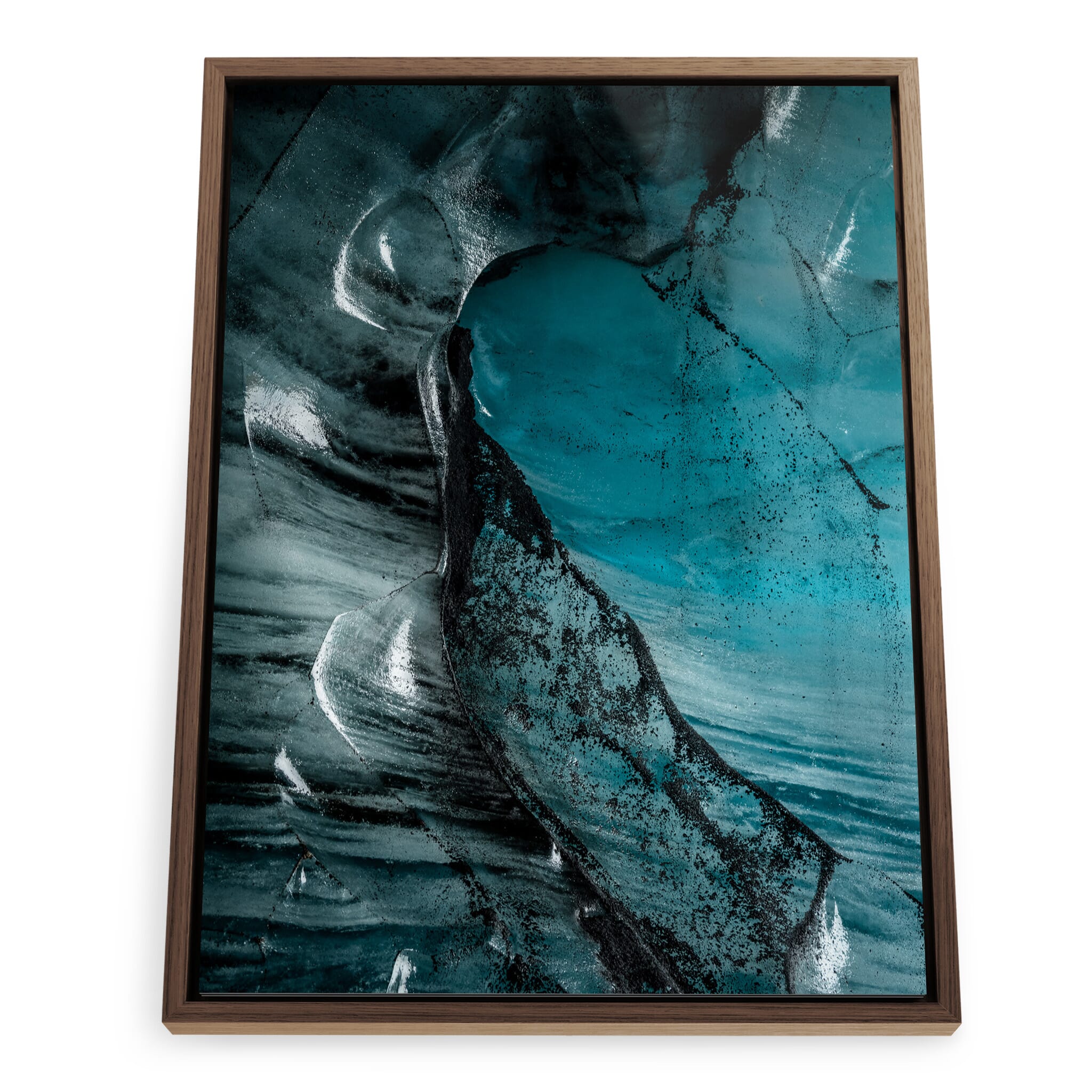Framed photo print of layered ice textures and ash traces in an Icelandic cave