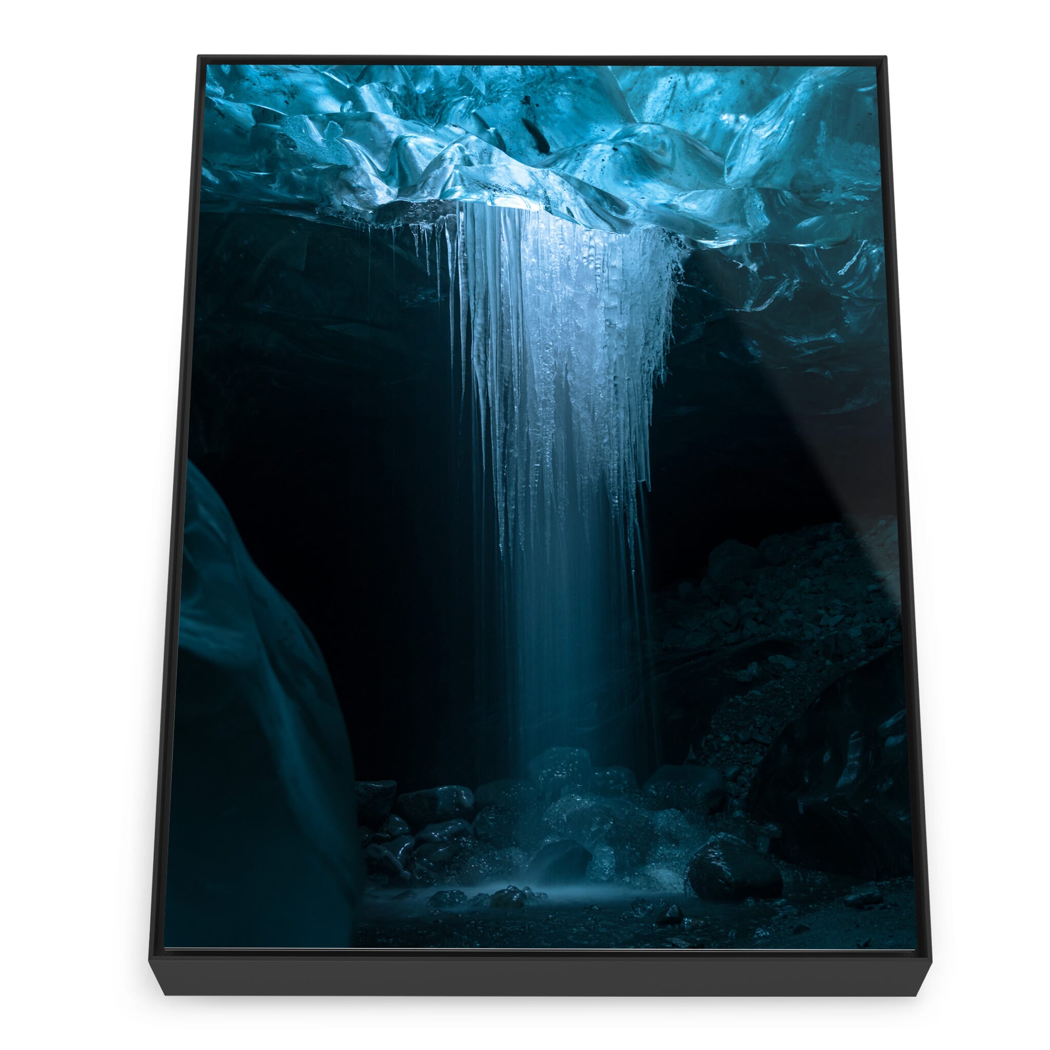 Framed photo print of sculpted ice patterns in a natural cave environment
