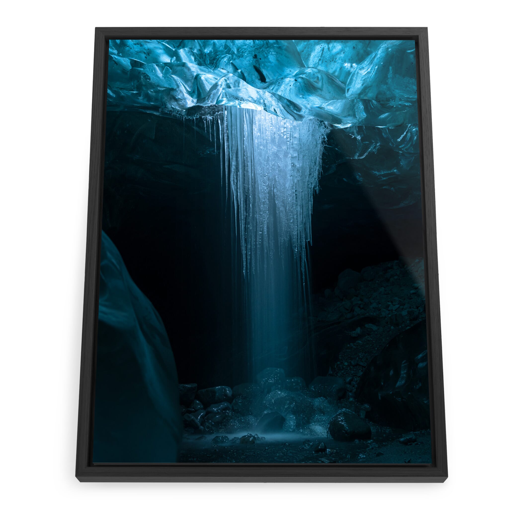 Framed photo print of blue ice walls with frozen cascade forms