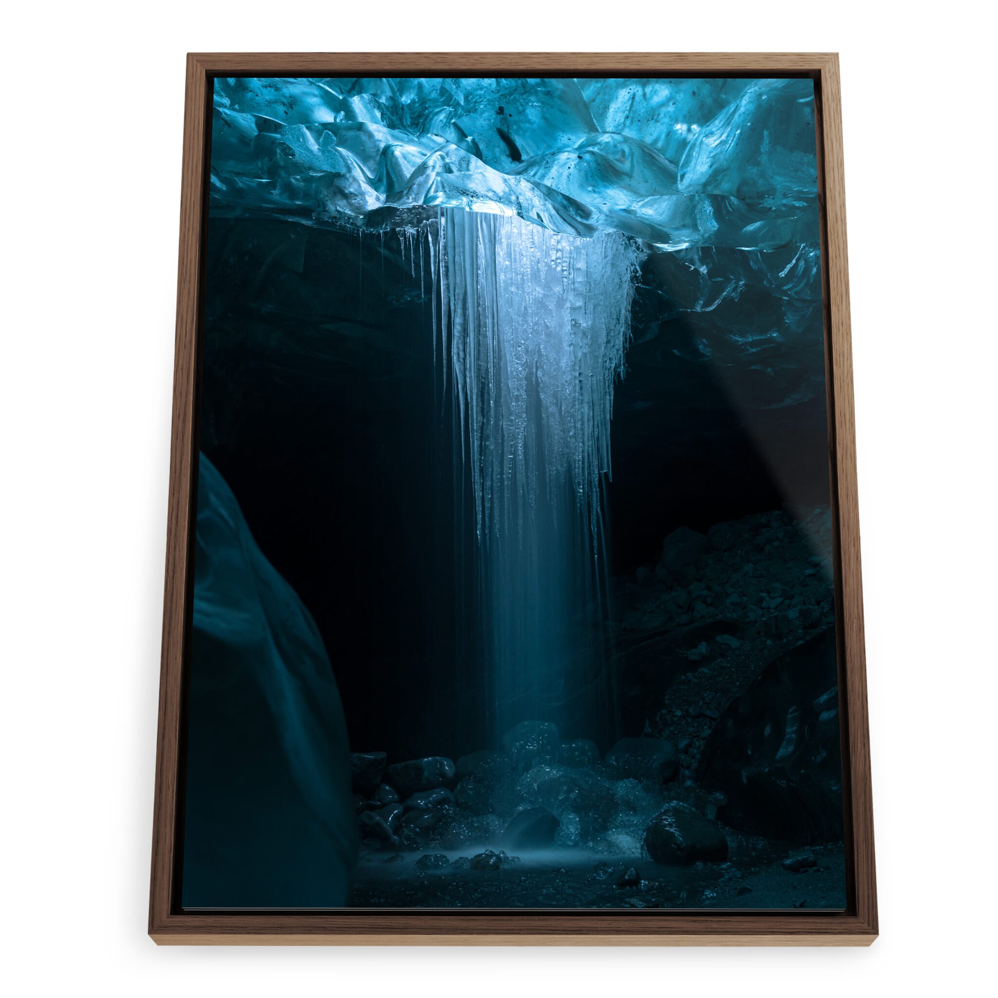 Framed photo print of deep glacier cave with frozen waterfall detail
