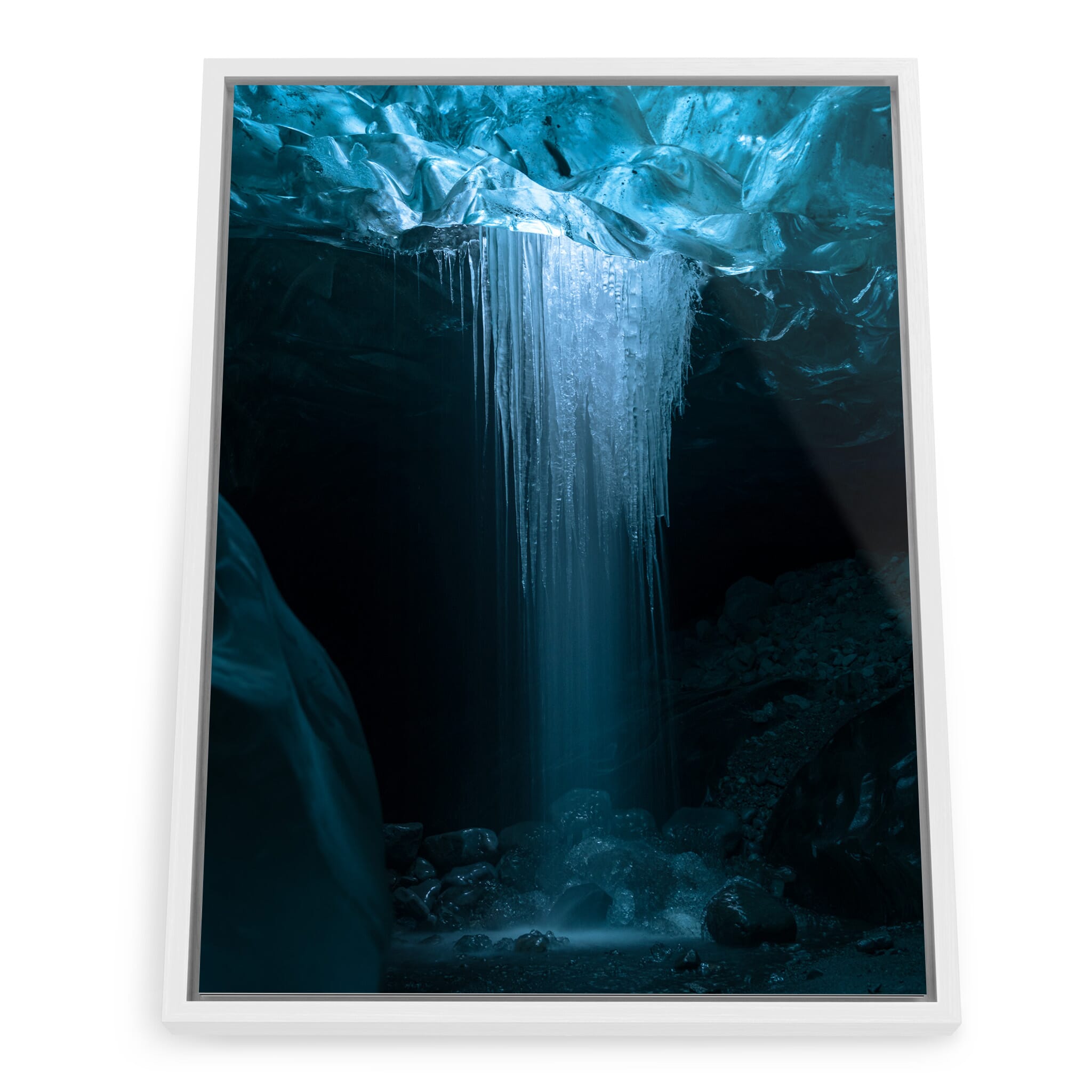Framed photo print of glacial interior featuring smooth, flowing textures