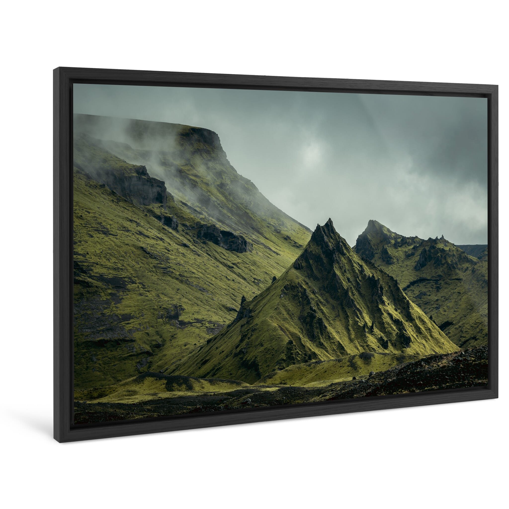 Framed photo print of isolated Icelandic peak under shifting light conditions