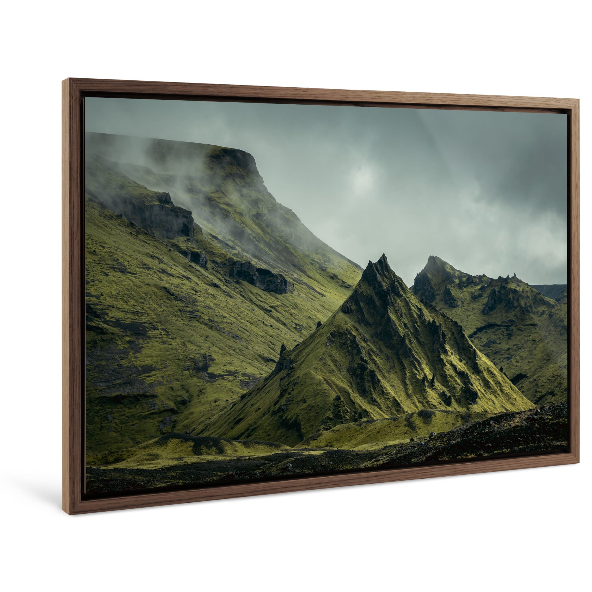 Framed photo print of moody landscape near Katla volcano with moss and stone