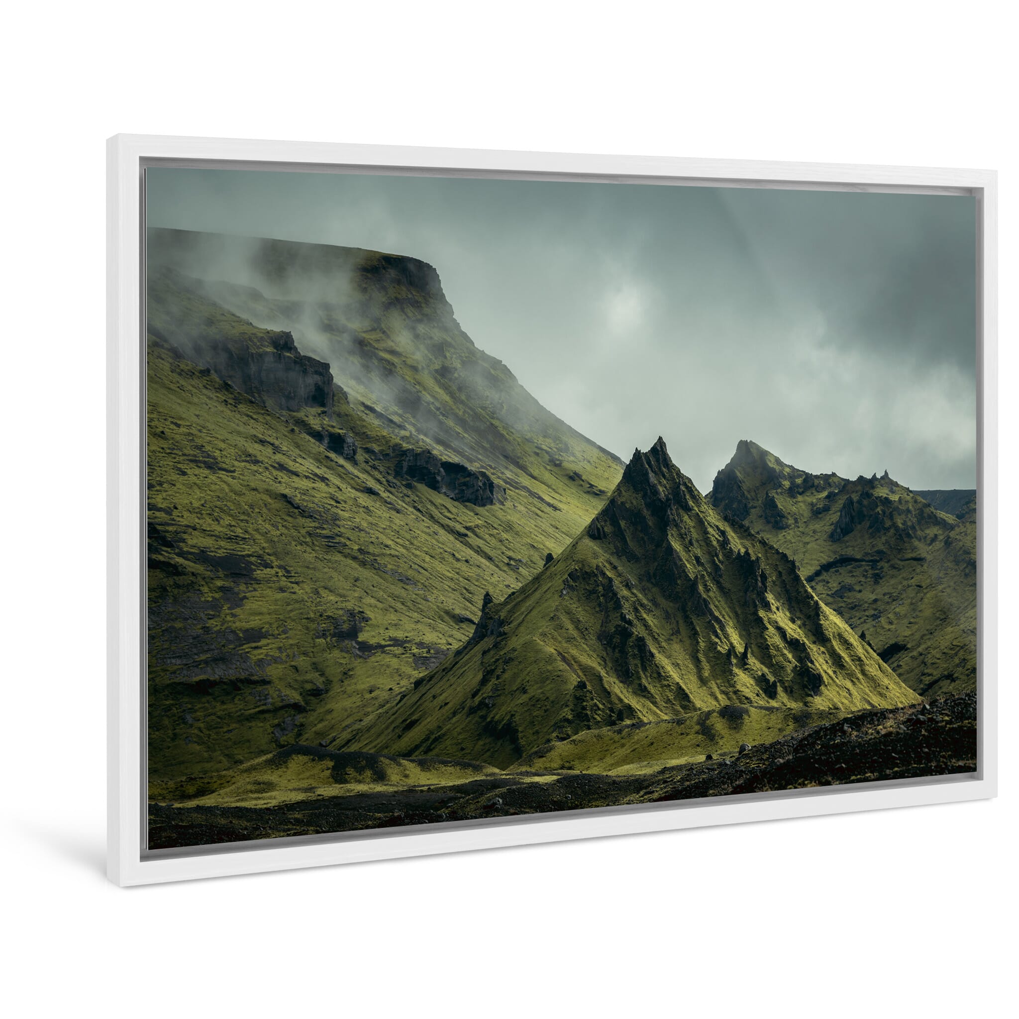 Framed photo print of rugged terrain shaped by glacier and volcano