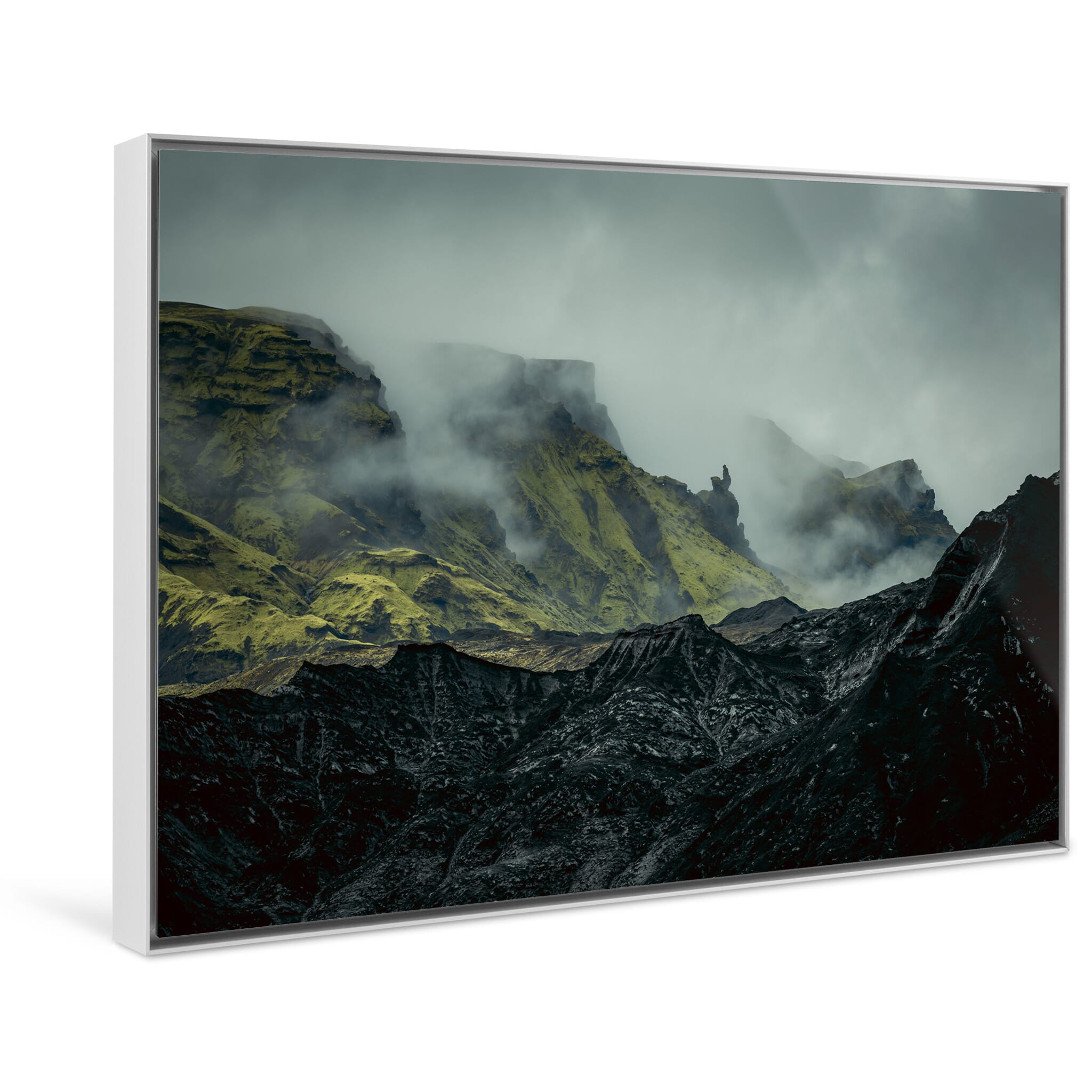 Framed photo print of dark Icelandic terrain blending ice, ash, and shadow