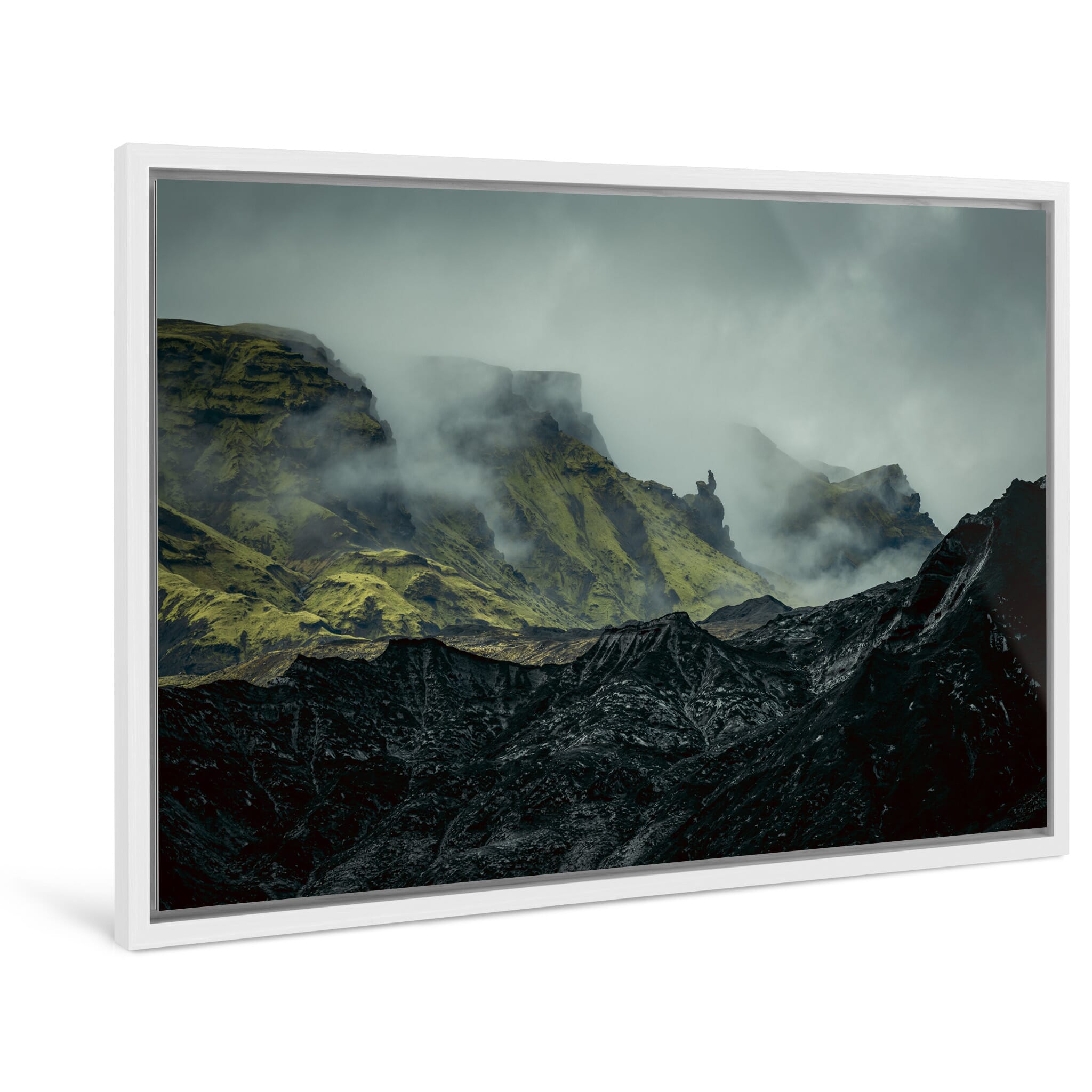 Framed photo print of moody Icelandic glacier covered in black volcanic dust