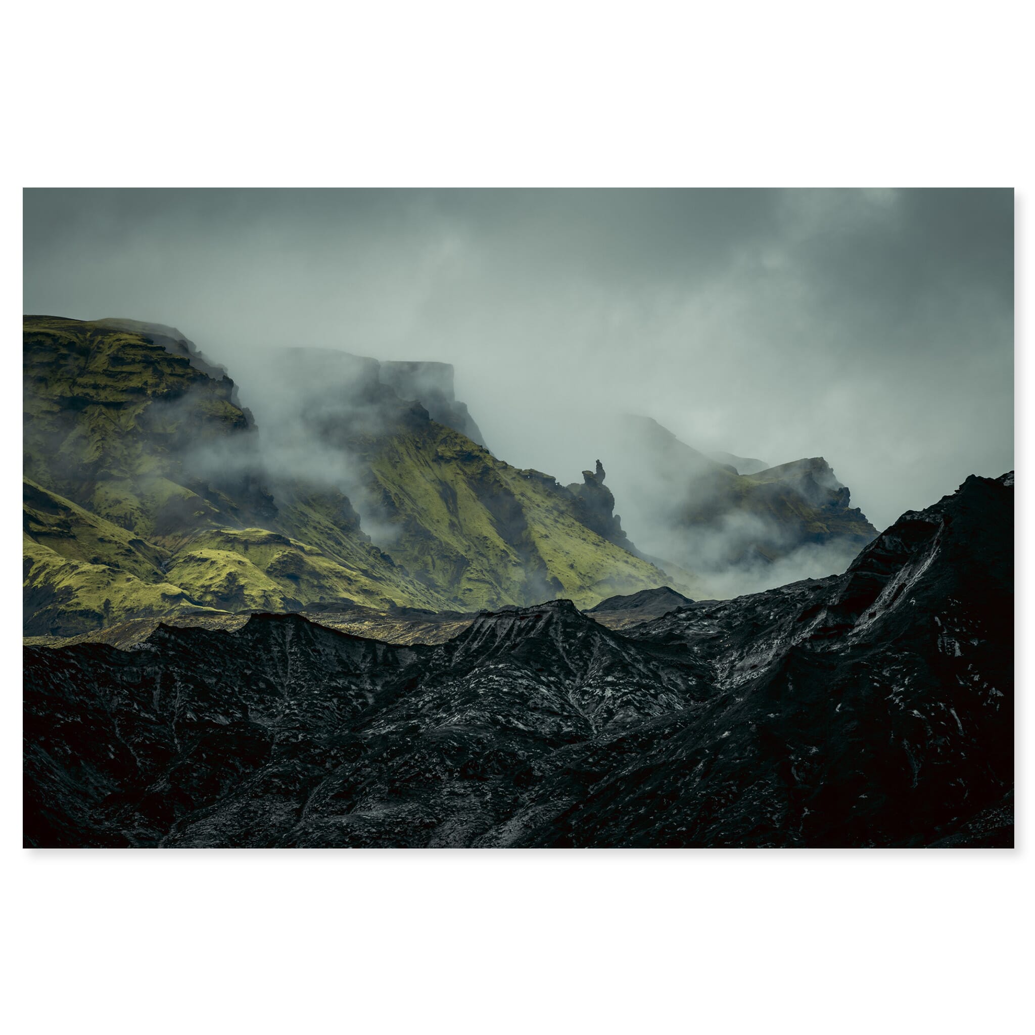Fine art print of dark glacier landscape in southern Iceland with volcanic ash
