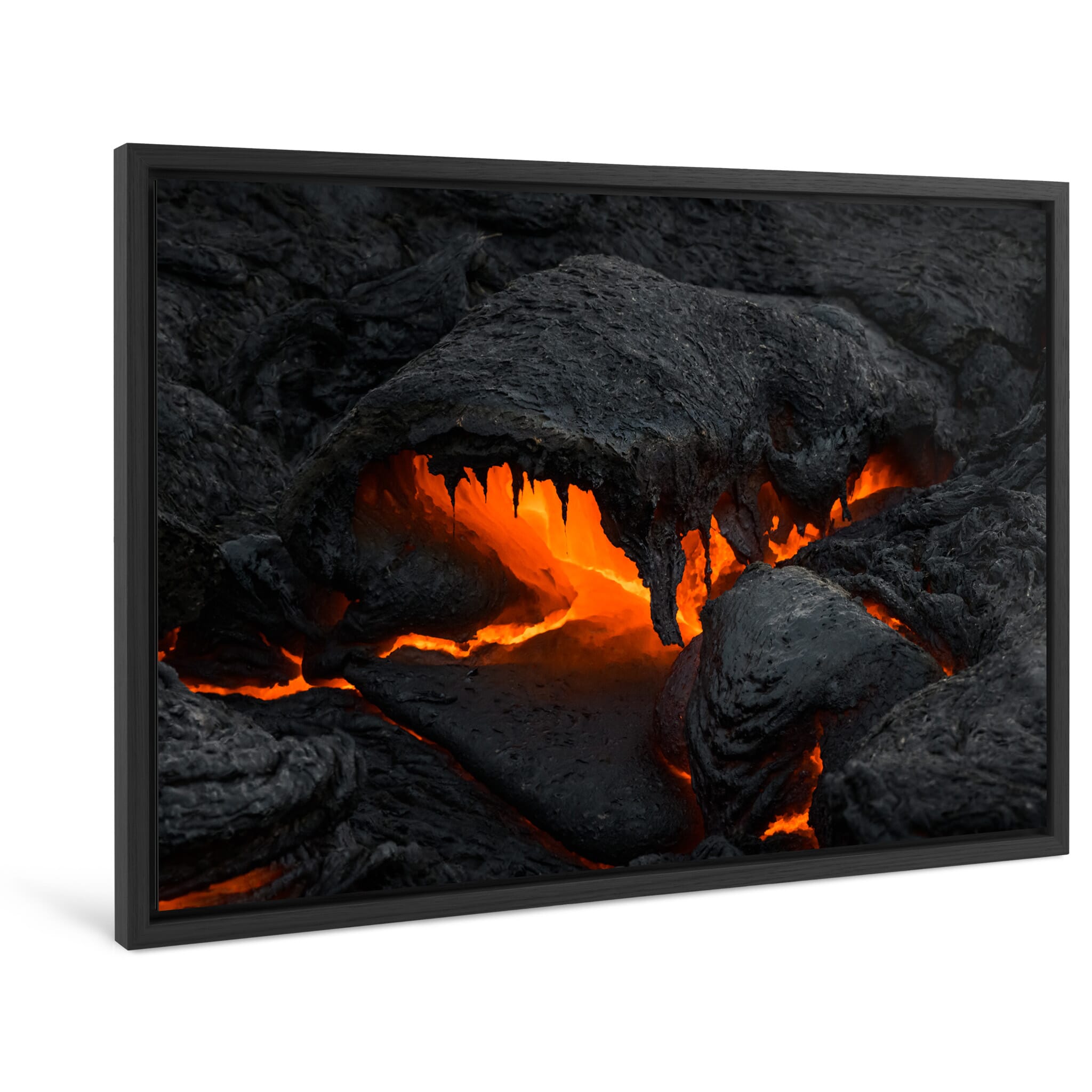 Framed photo print of molten lava surface with vivid heat patterns and fissures