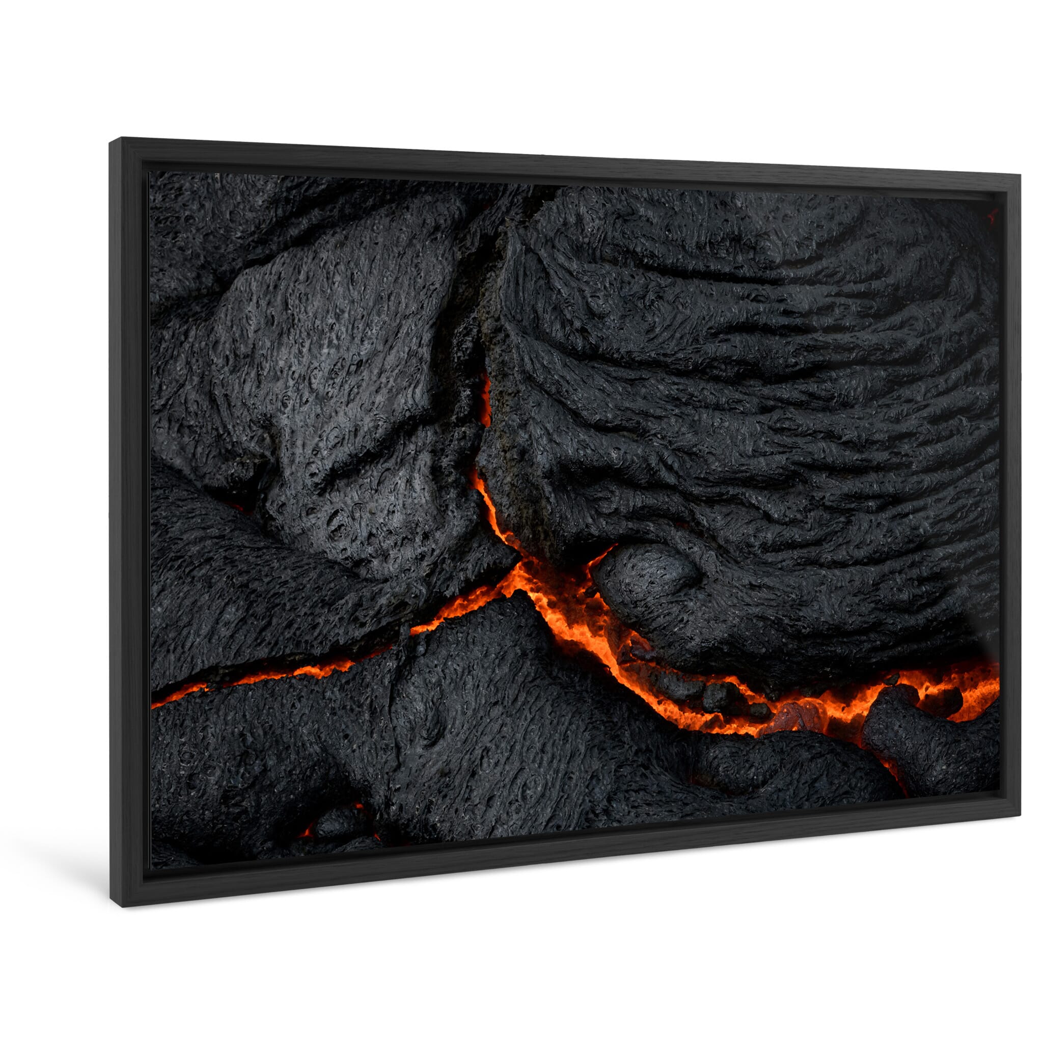 Framed photo print of hot lava cracking open in vivid orange and black tones