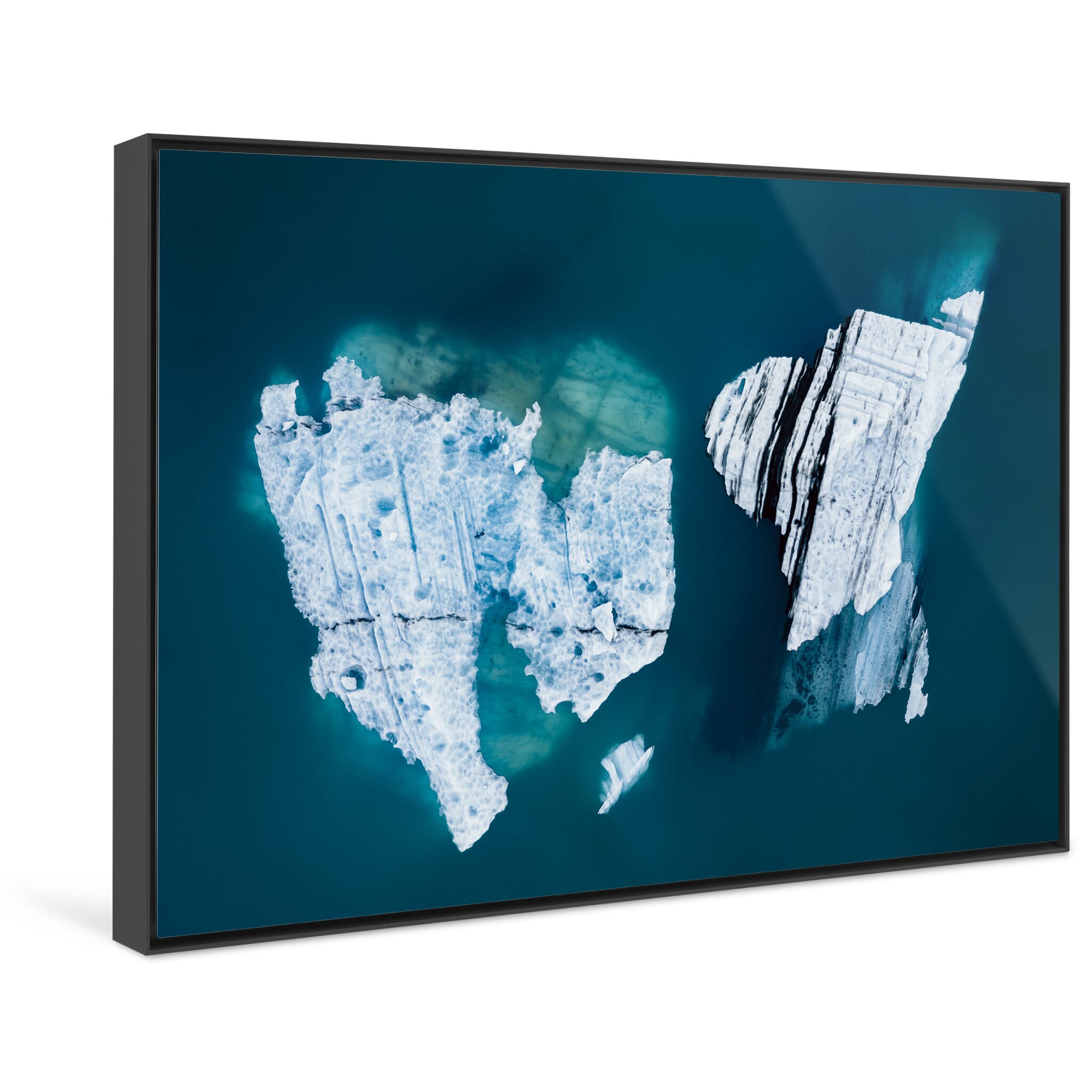 Framed photo print of sculptural ice forms with dark volcanic ash layers