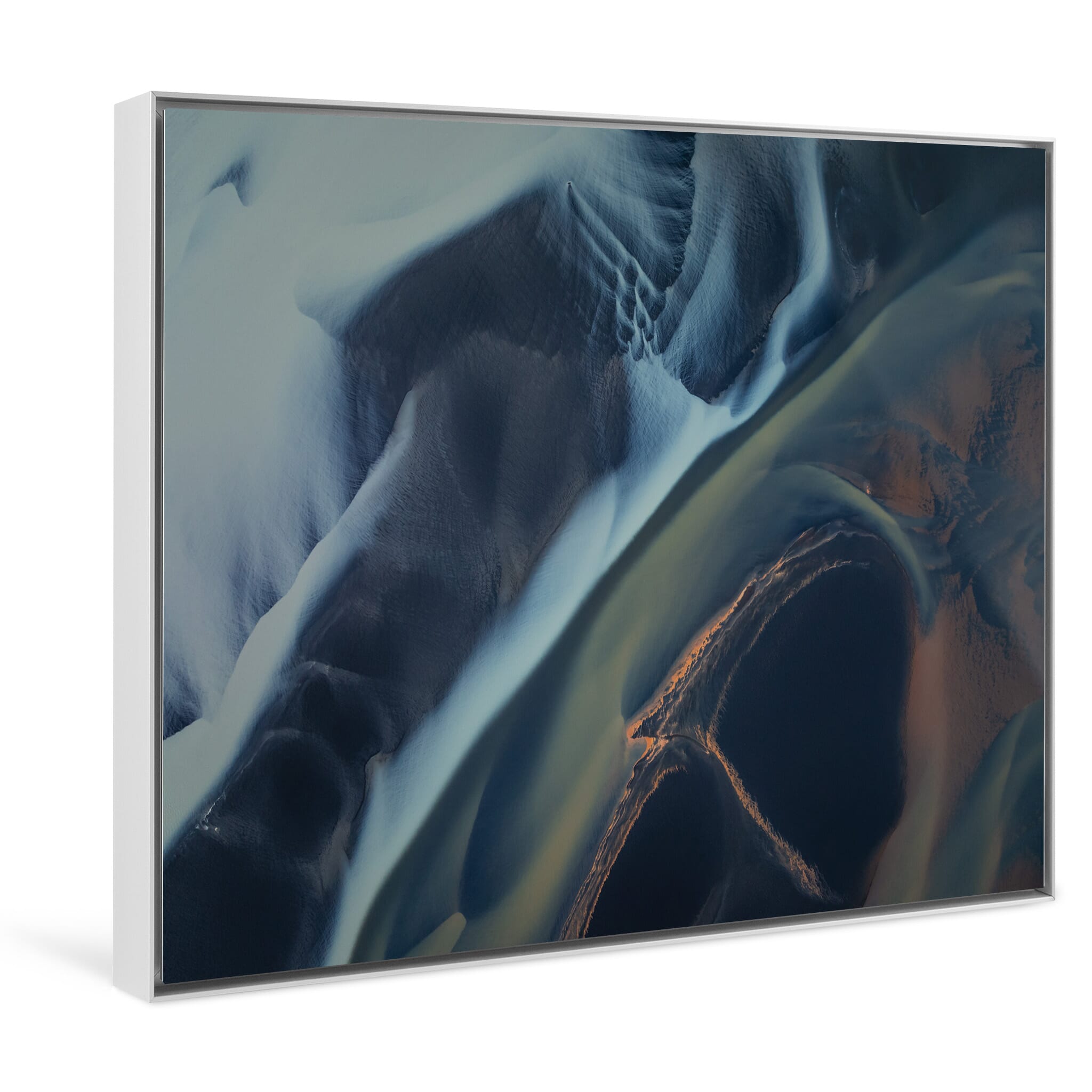 Framed photo print of muted abstract landscape with glacial sediment and minerals