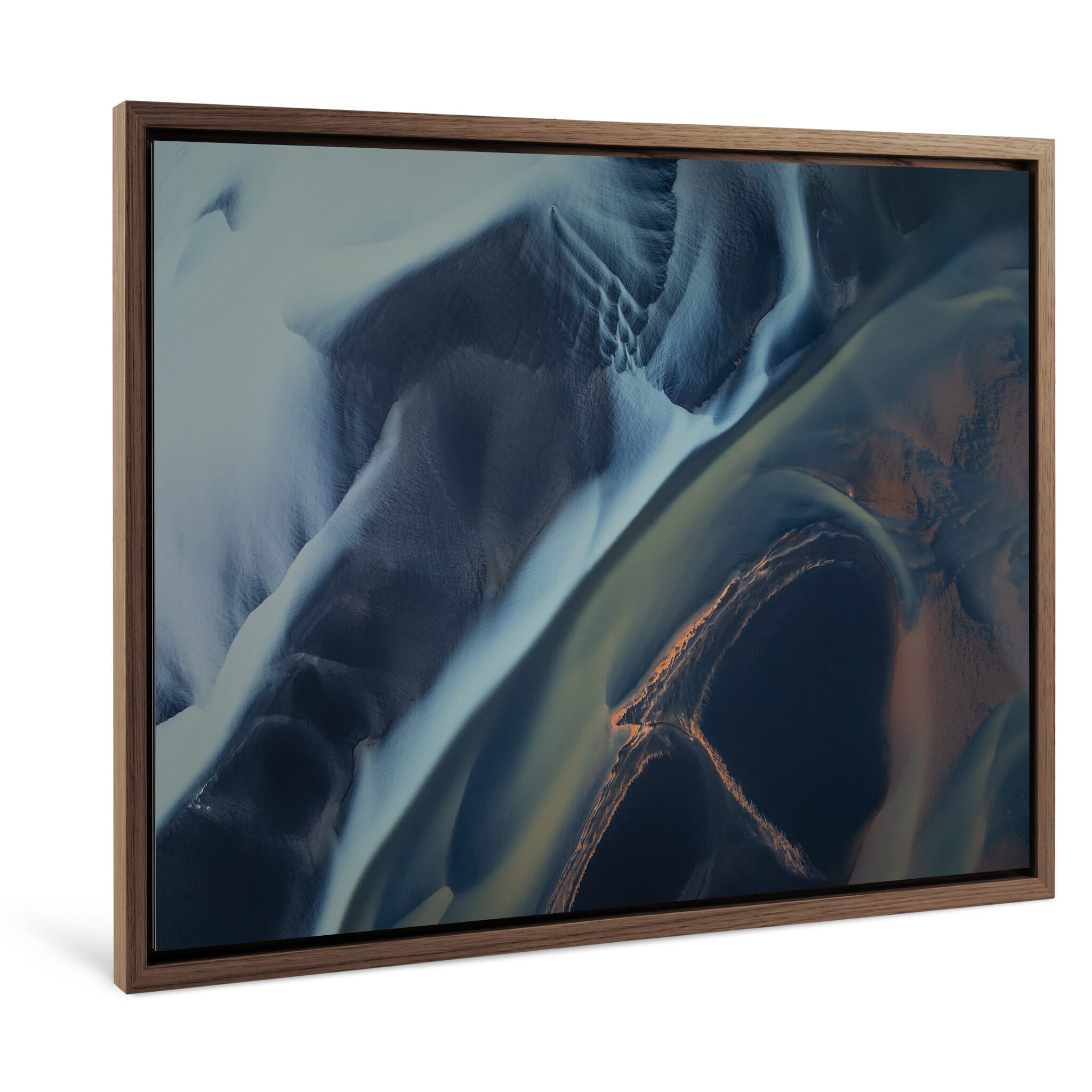 Framed photo print of yellow and white mineral patterns in glacial river delta