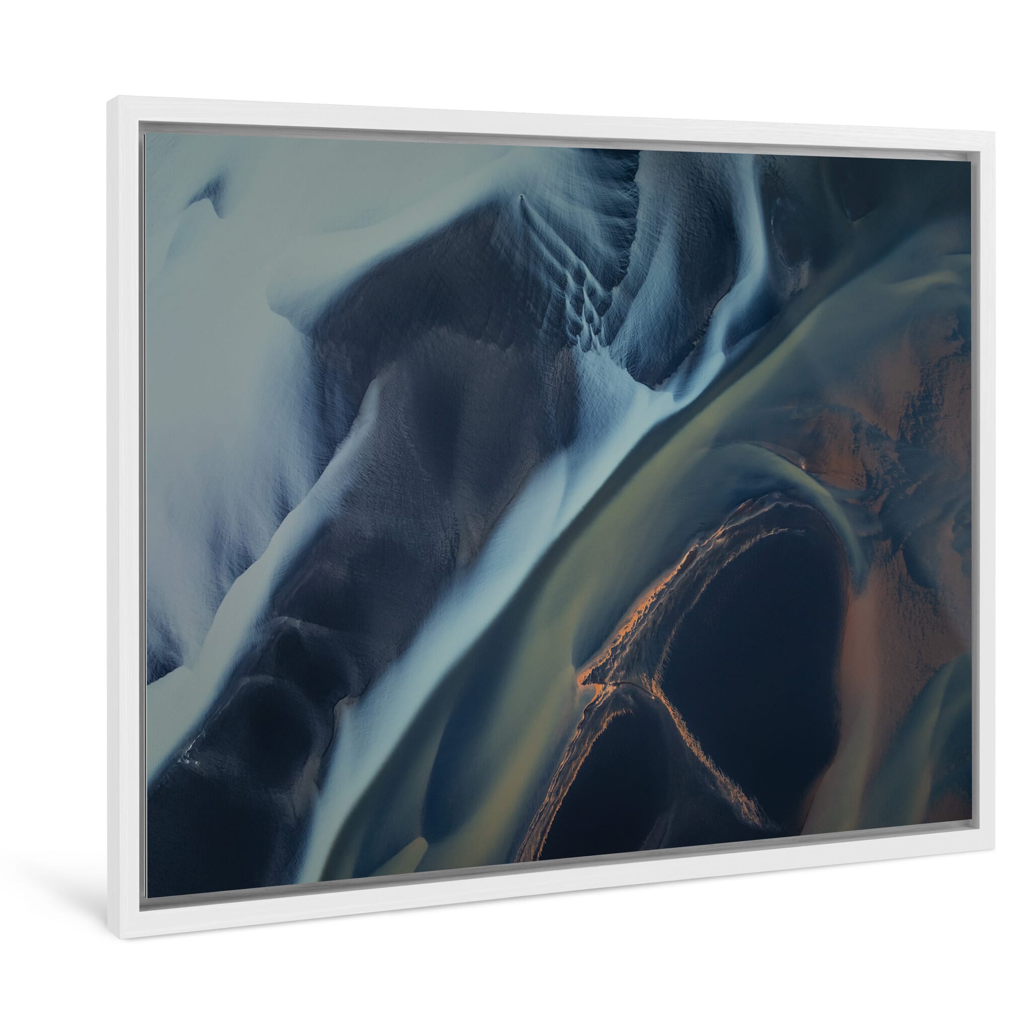 Framed photo print of aerial view of pale glacial currents near the Icelandic coast