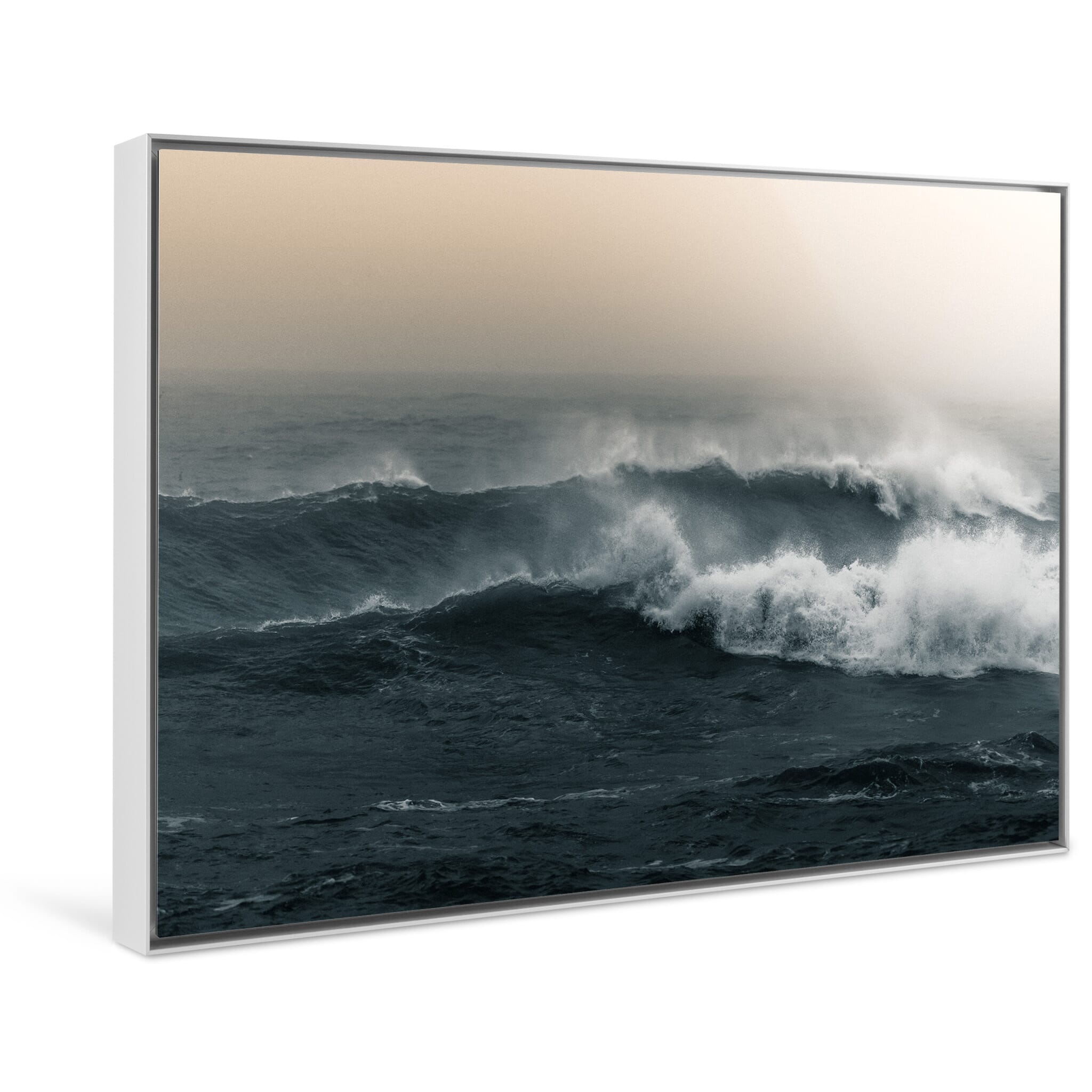 Framed photo print of Icelandic winter coast with textured waves and subtle light