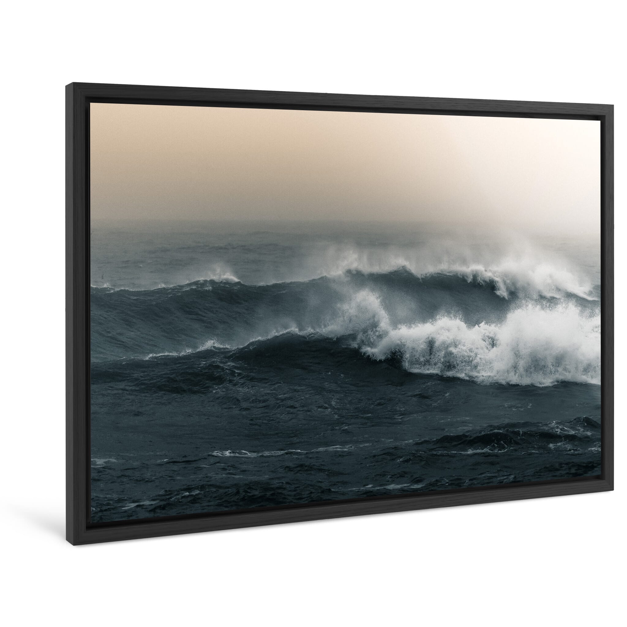 Framed photo print of gentle ocean motion with warm sunrise tones and mist