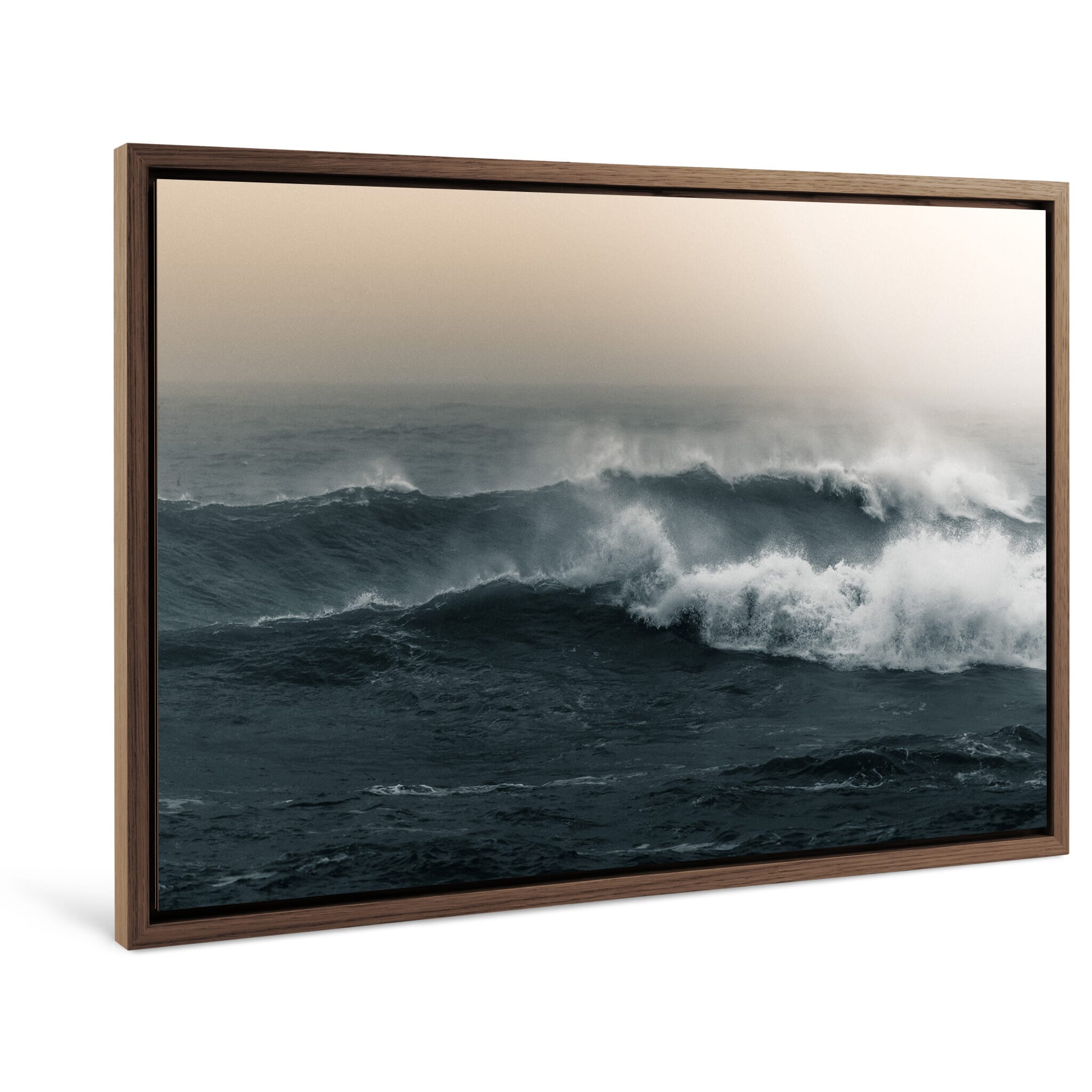 Framed photo print of sea surface shaped by light and wind during sunrise