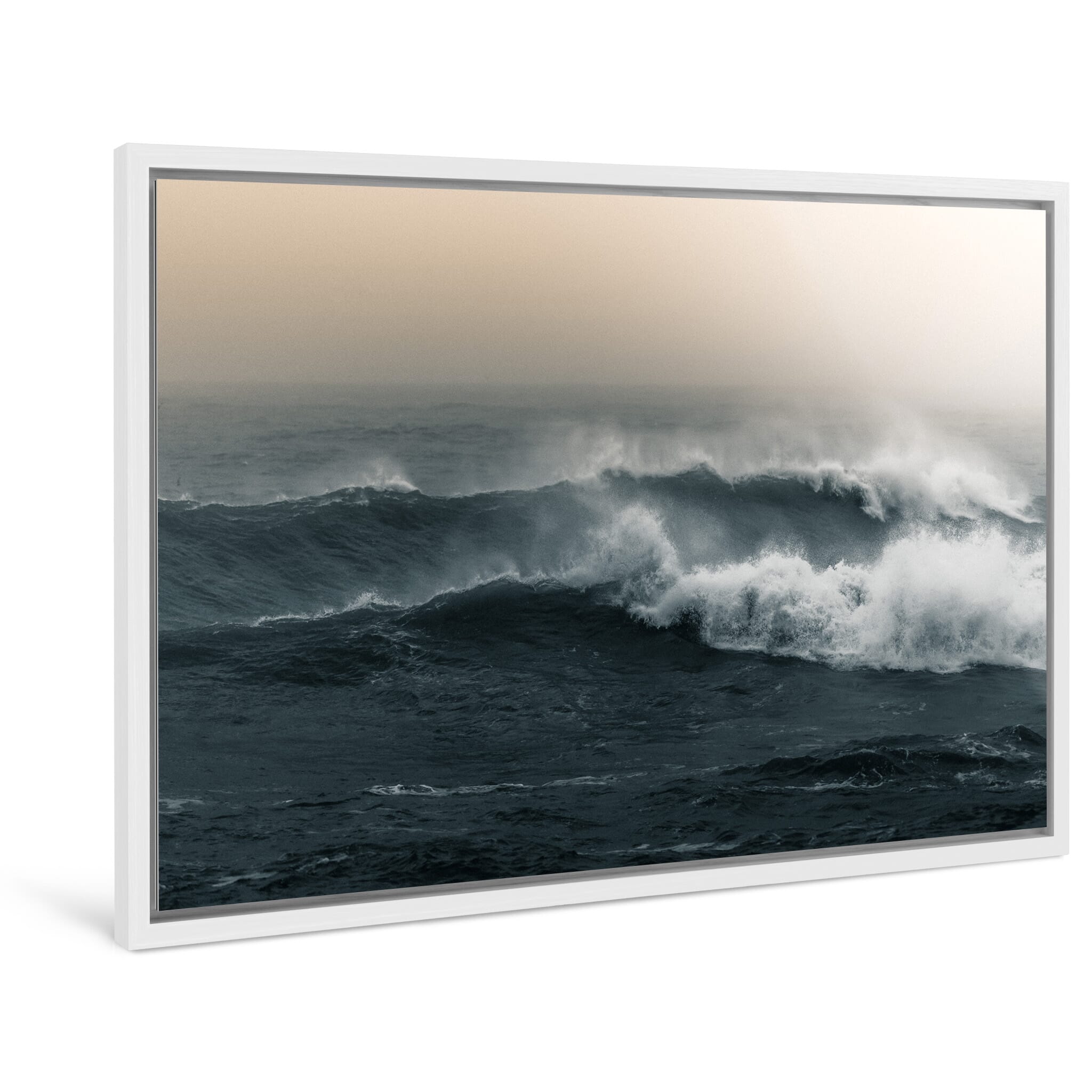 Framed photo print of breaking wave captured in early winter light with soft contrasts