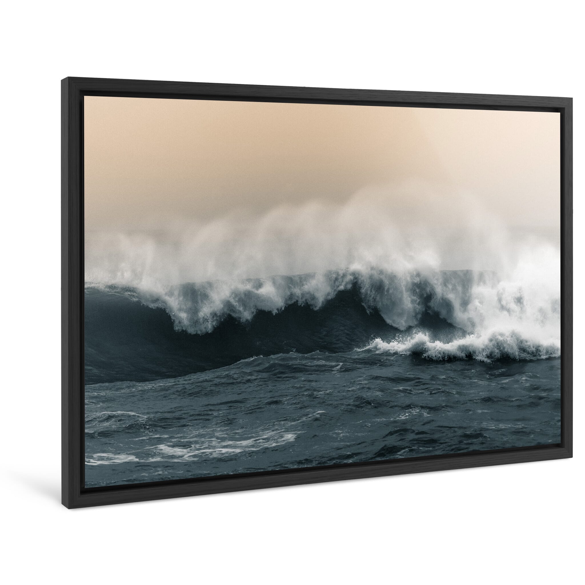 Framed photo print of breaking wave with misty spray under golden morning sky