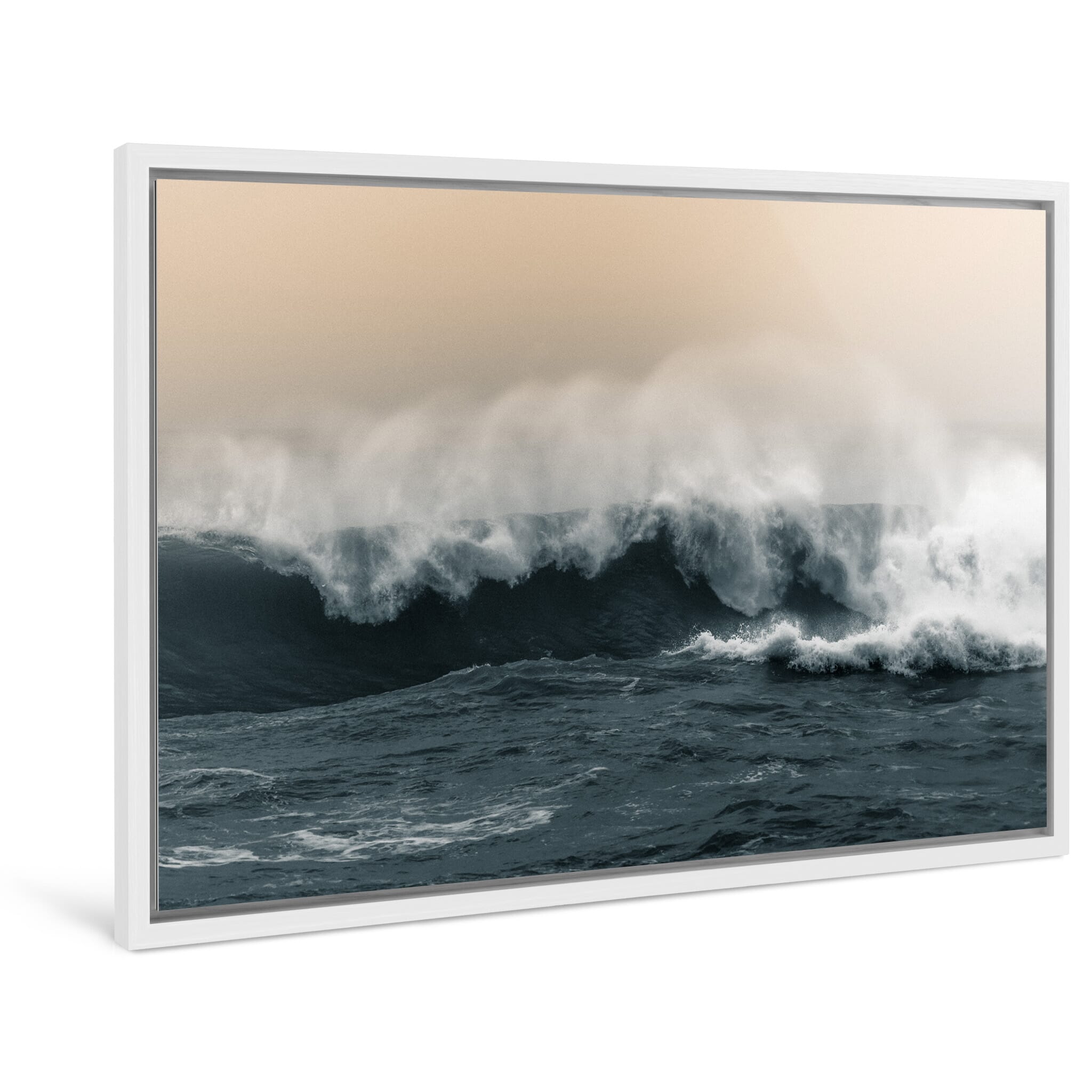 Framed photo print of early light catching textured waves in winter sea