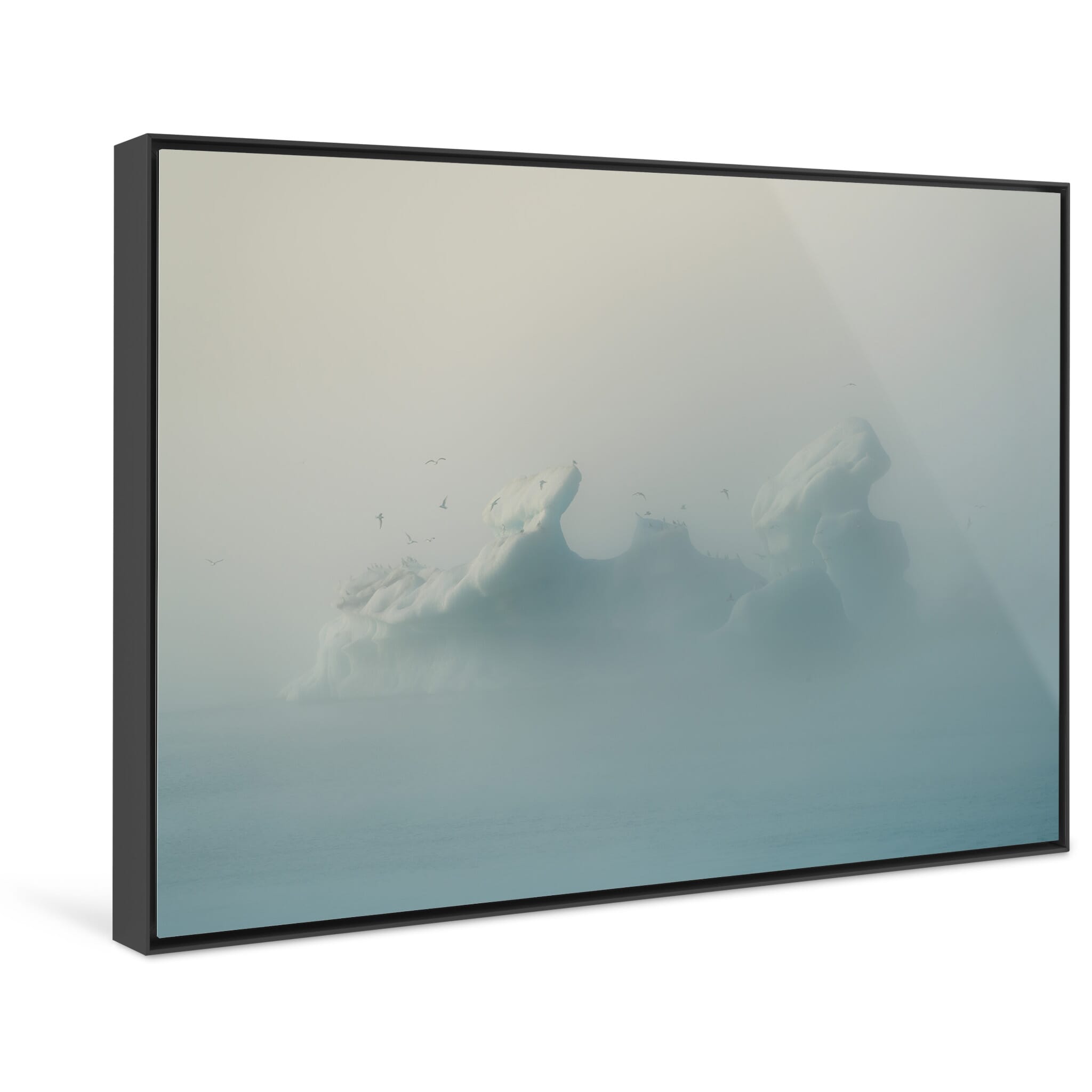 Framed photo print of stillness and contrast in a fog-covered glacial lagoon