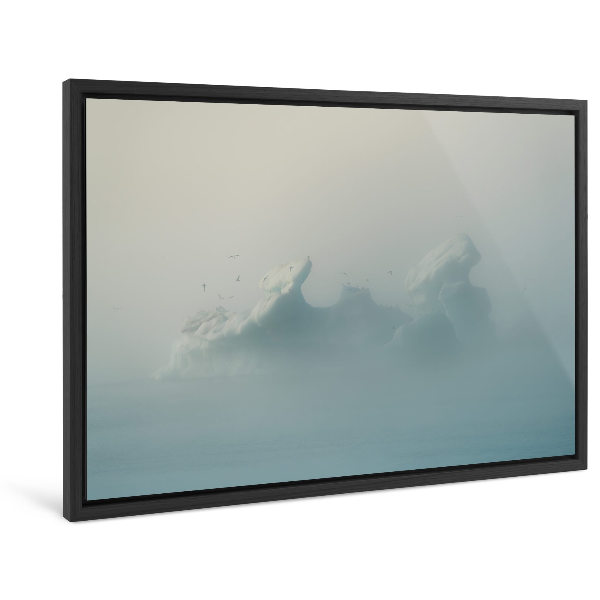 Framed photo print of misty iceberg landscape with soft morning tones