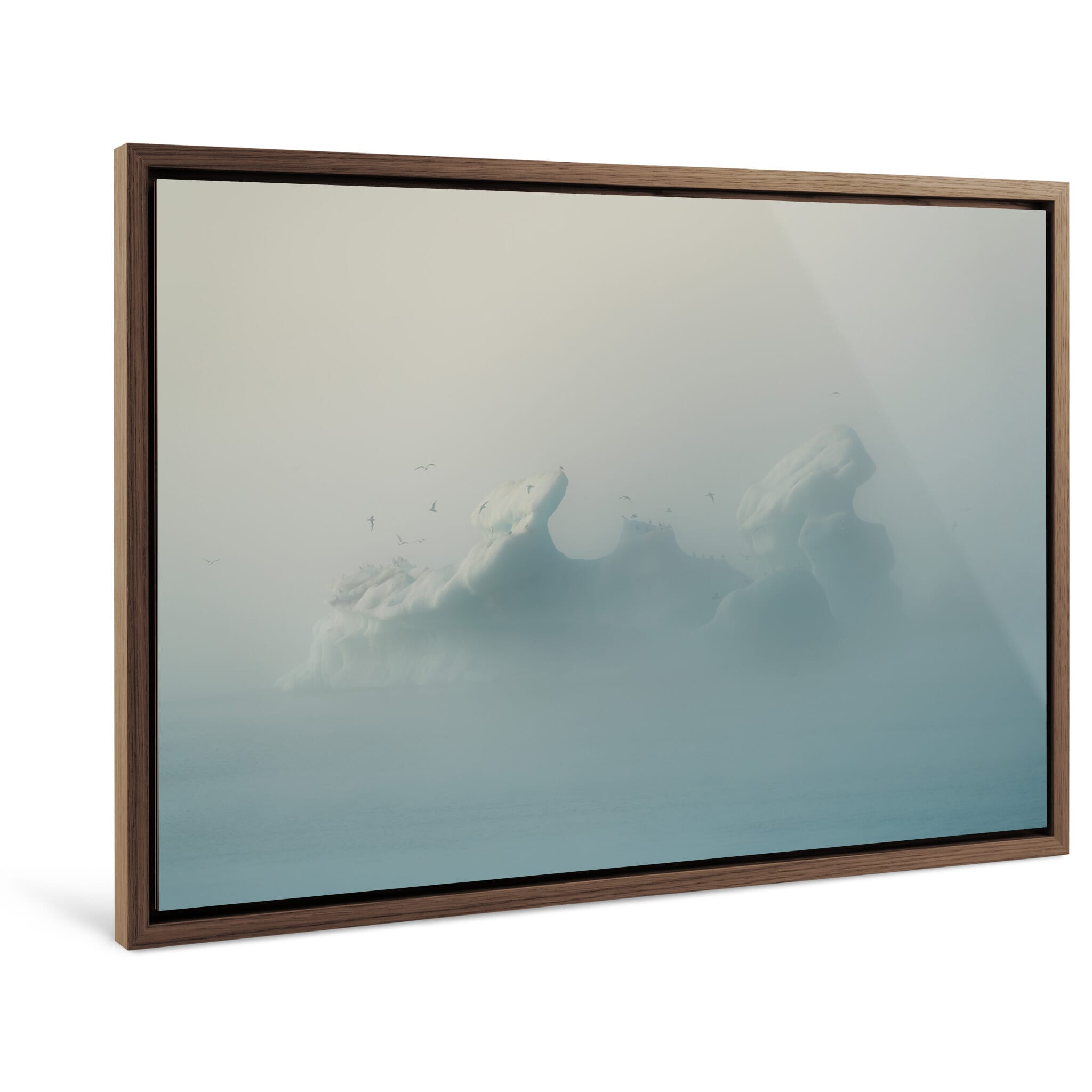 Framed photo print of tranquil ice scene with warm light and blue hues