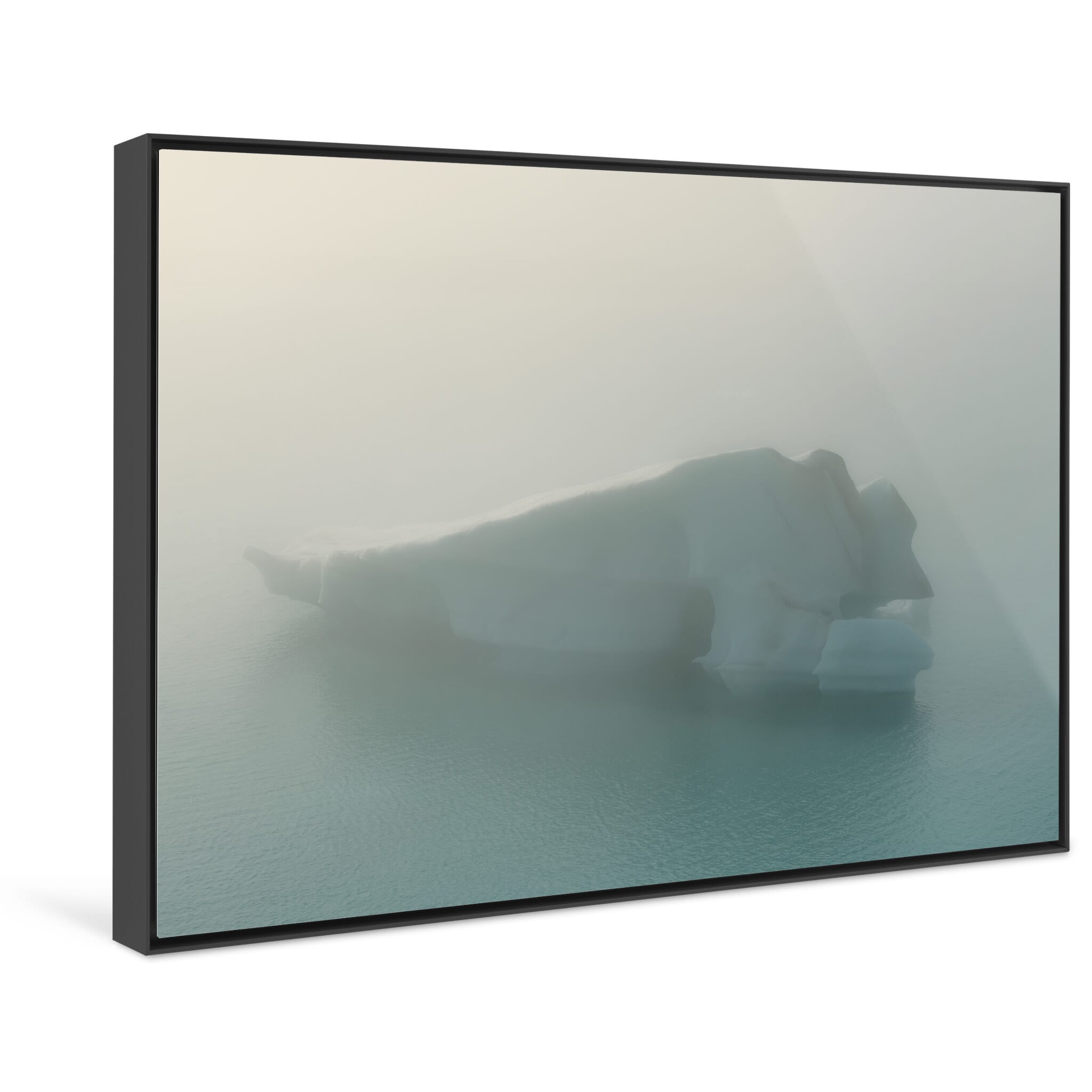 Framed photo print of quiet Icelandic lagoon with one drifting iceberg