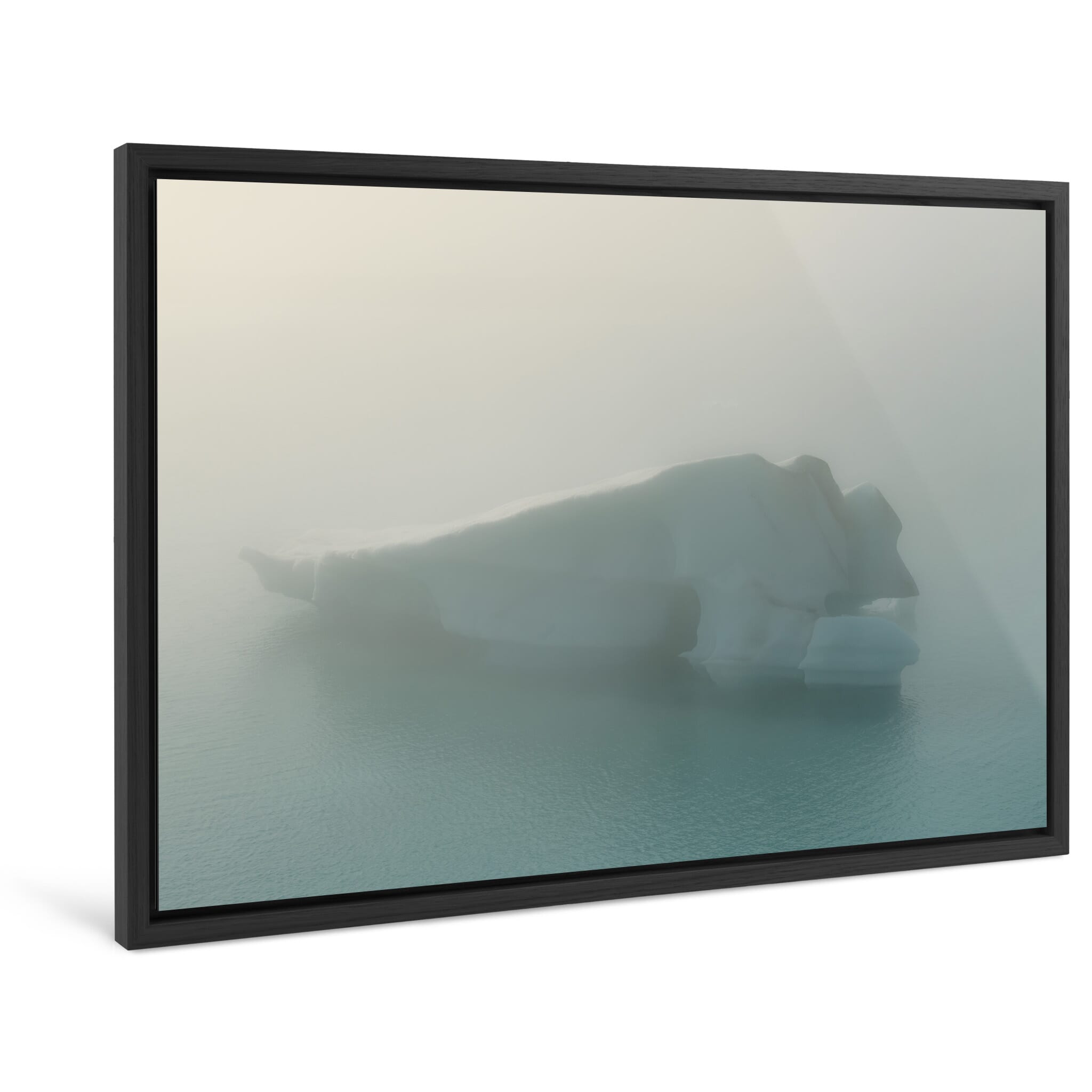 Framed photo print of single iceberg floating in fog with subtle warmth