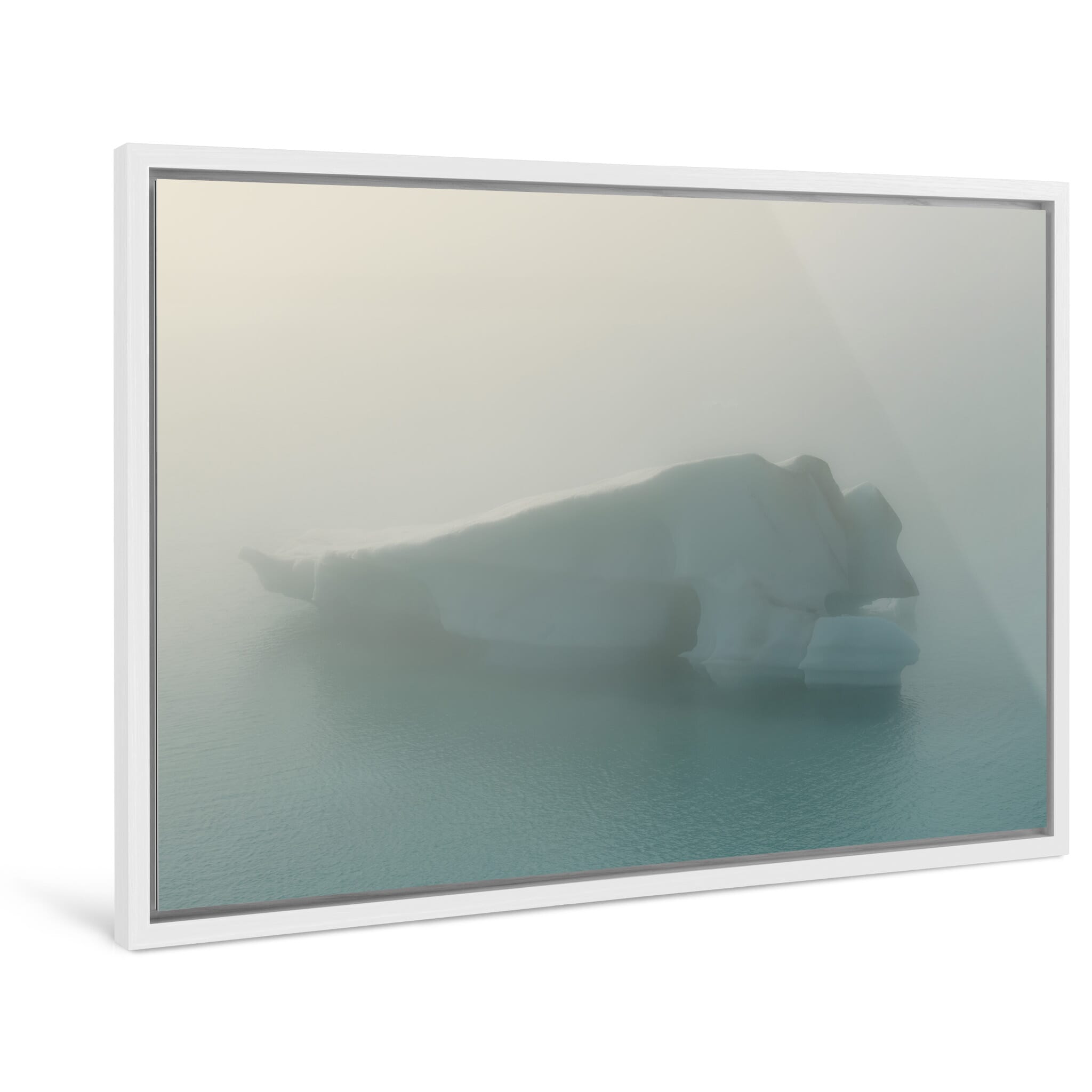 Framed photo print of isolated ice form in calm, misty atmosphere