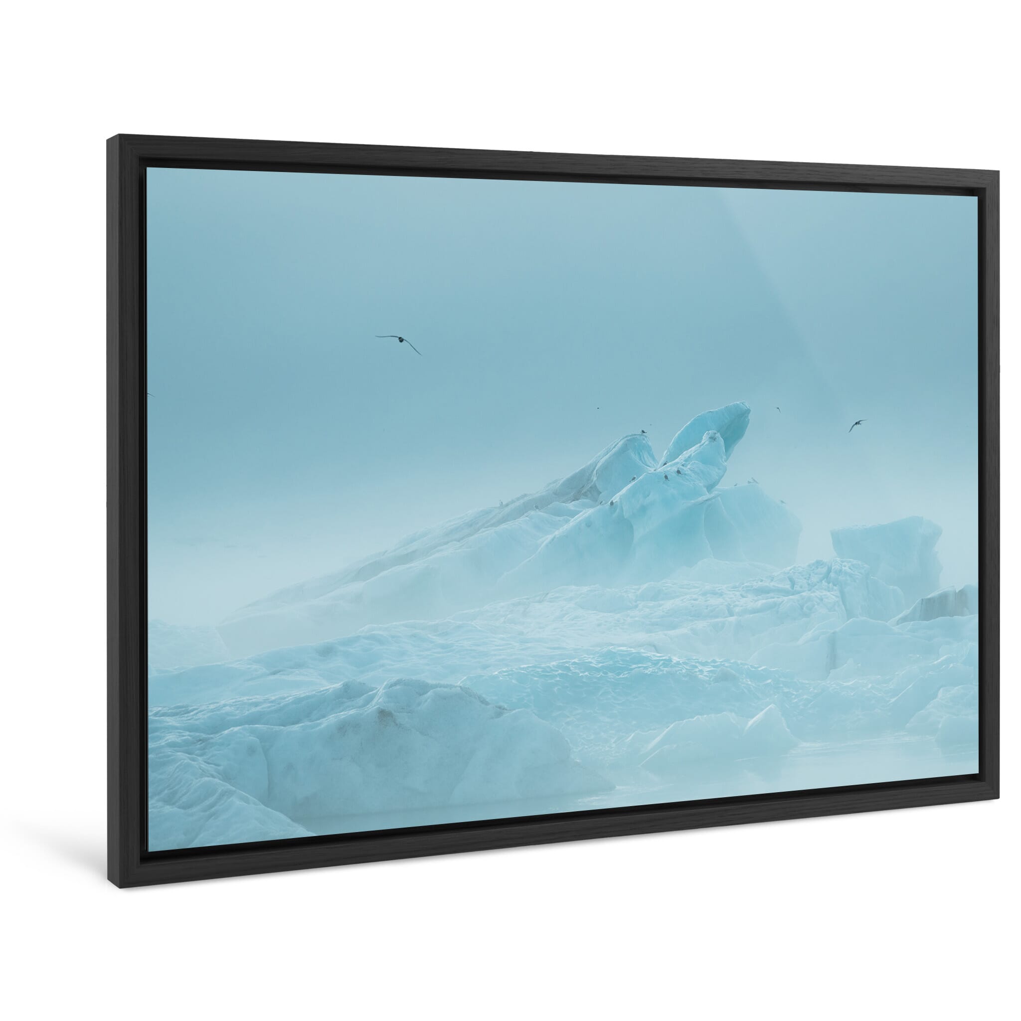 Framed photo print of quiet glacier lagoon in Iceland with drifting icebergs in mist