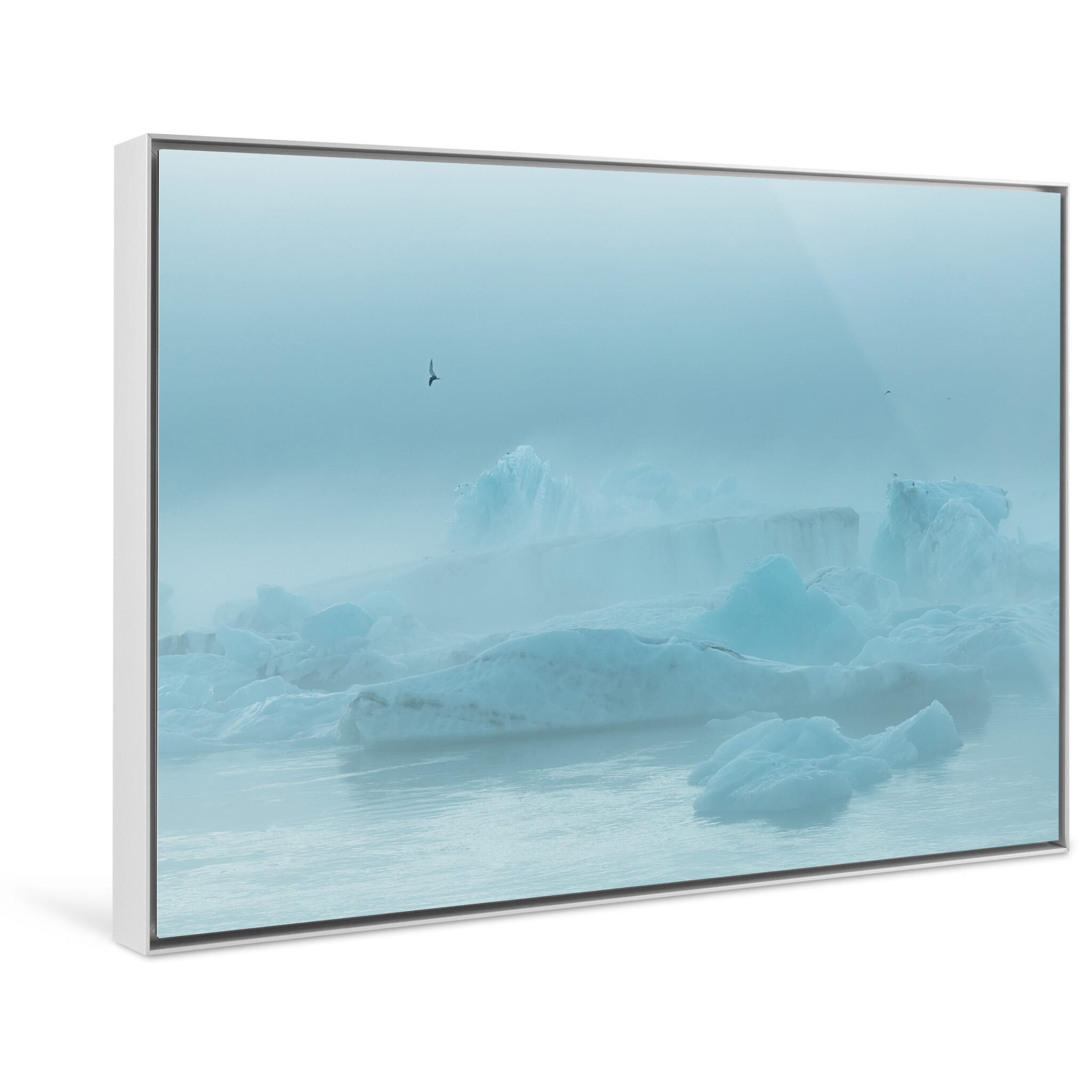 Framed photo print of peaceful glacier lagoon in Iceland under fog and subdued light