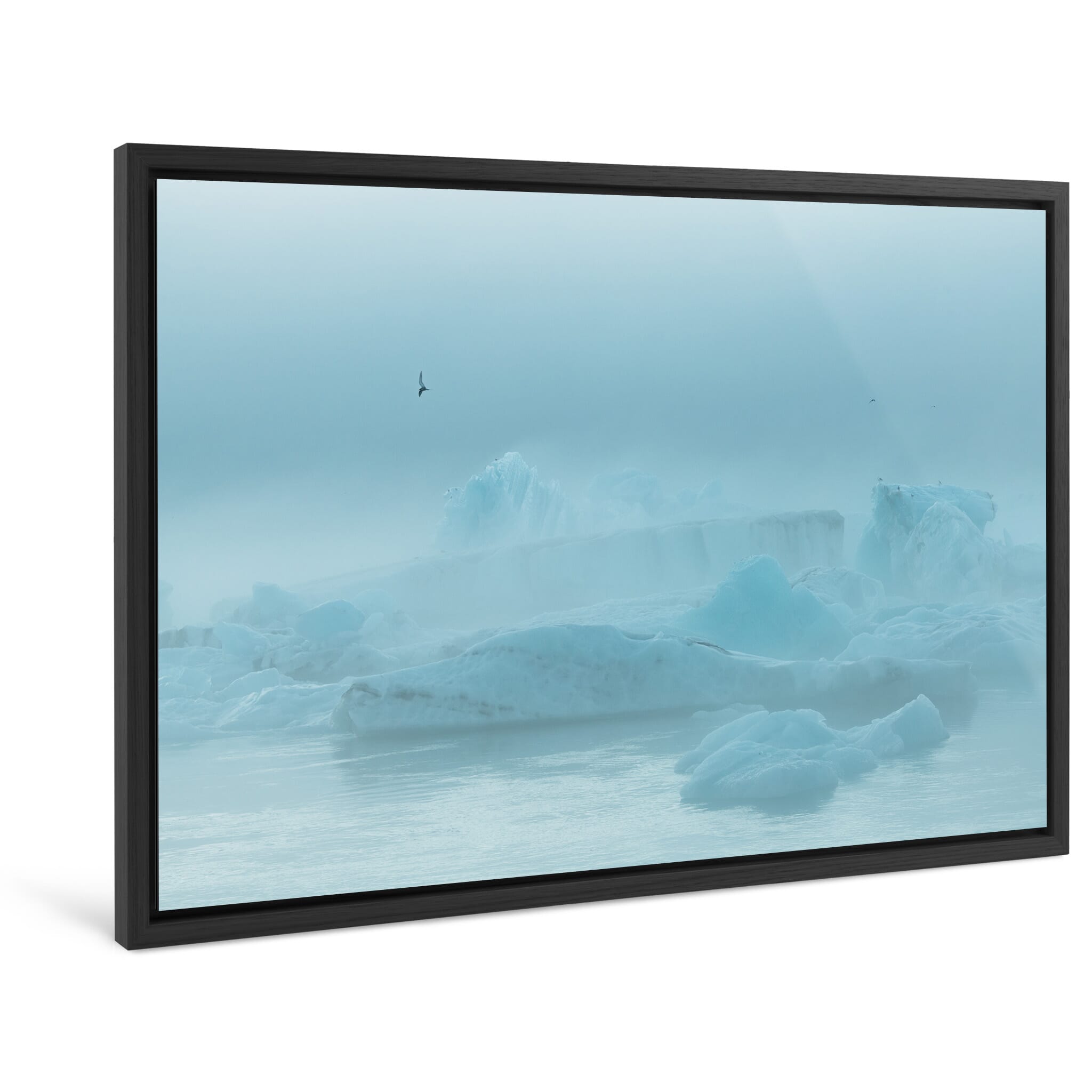 Framed photo print of quiet glacier lagoon in Iceland with drifting icebergs in mist