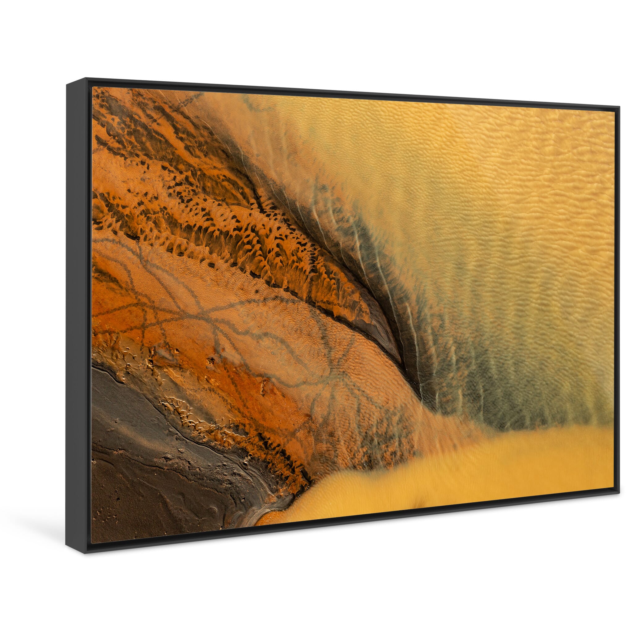 Framed photo print of geothermal meltwater rivers with bright yellow sulfur deposits