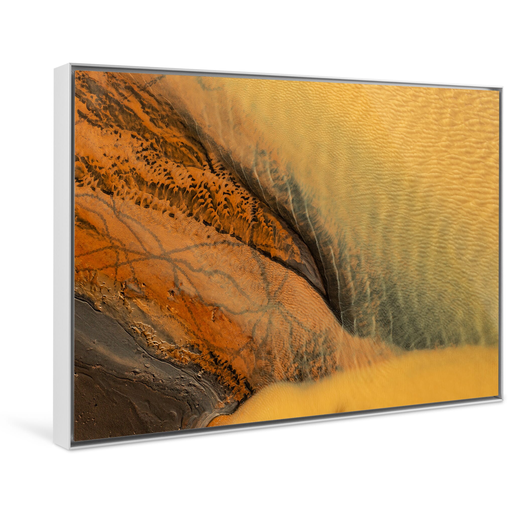 Framed photo print of Icelandic rivers reflecting volcanic activity with yellow sulfur color
