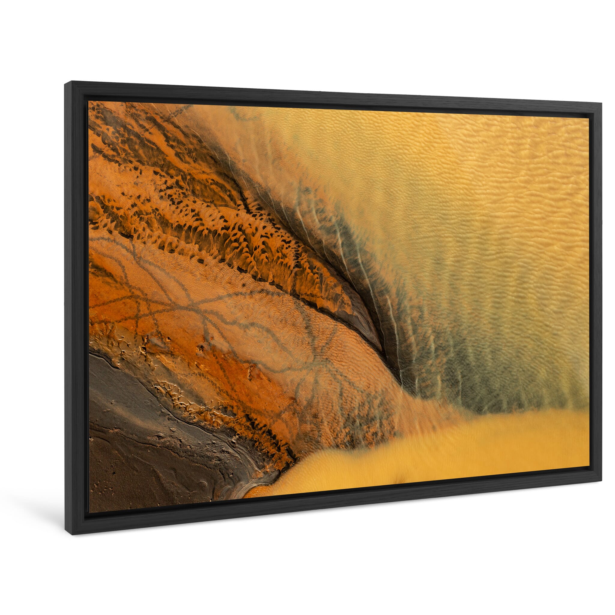 Framed photo print of vibrant yellow sulfur rivers flowing through Icelandic landscape