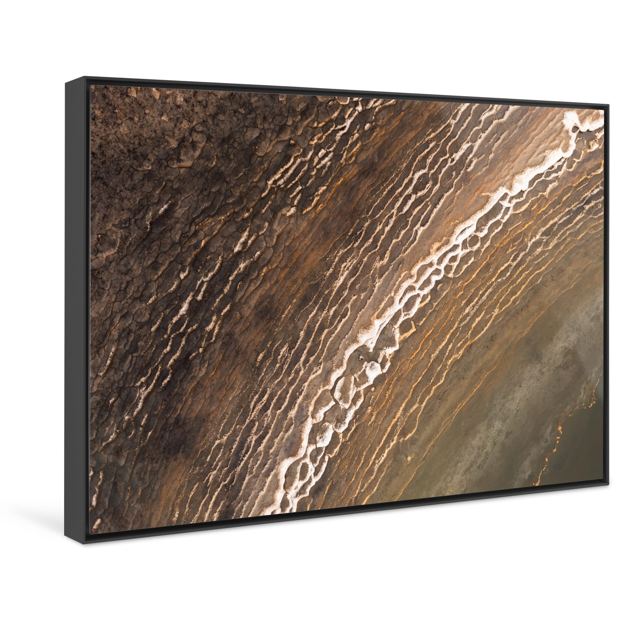 Framed photo print of vivid frozen ponds on Icelandic plateau after storm