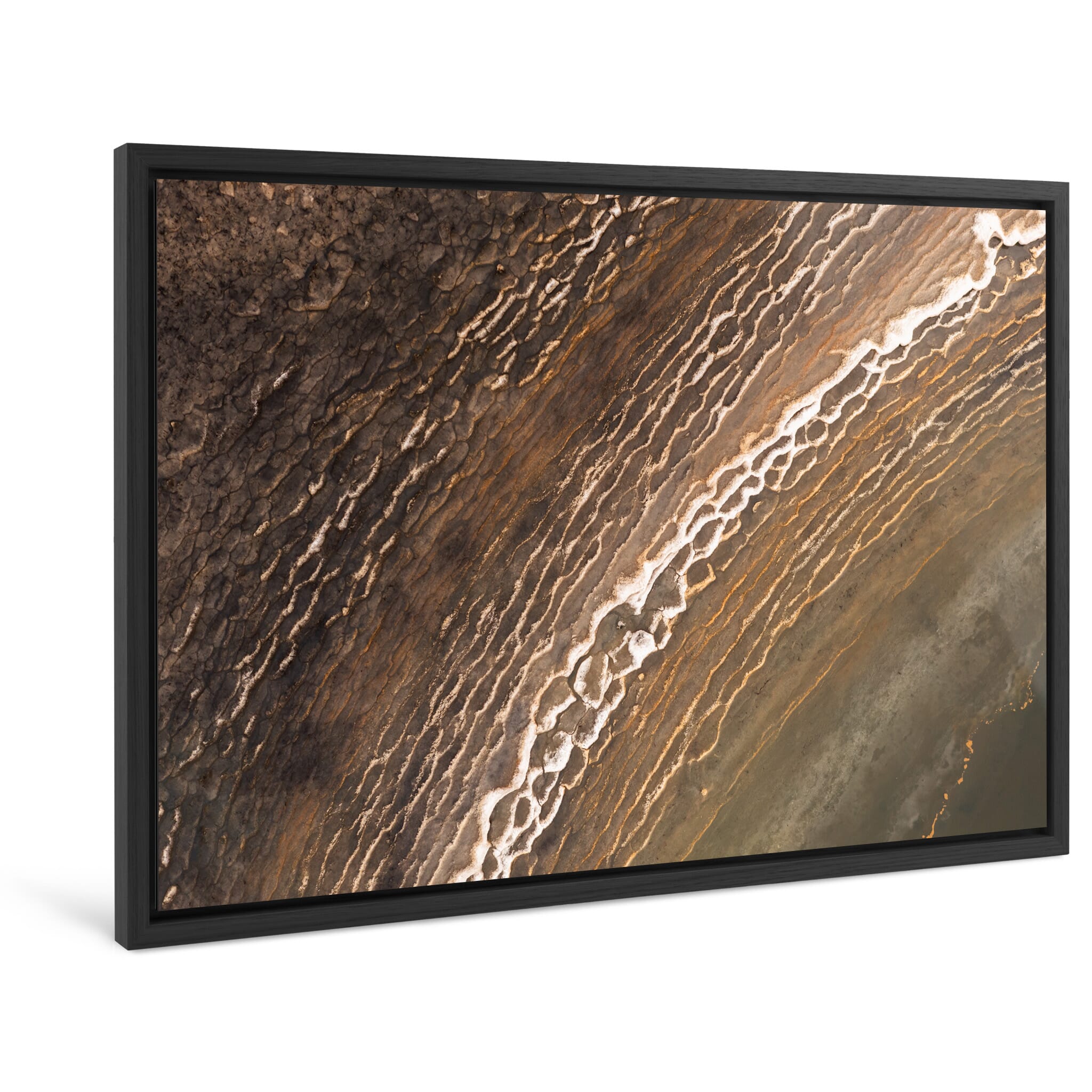 Framed photo print of colorful ice-covered ponds shaped by early frost