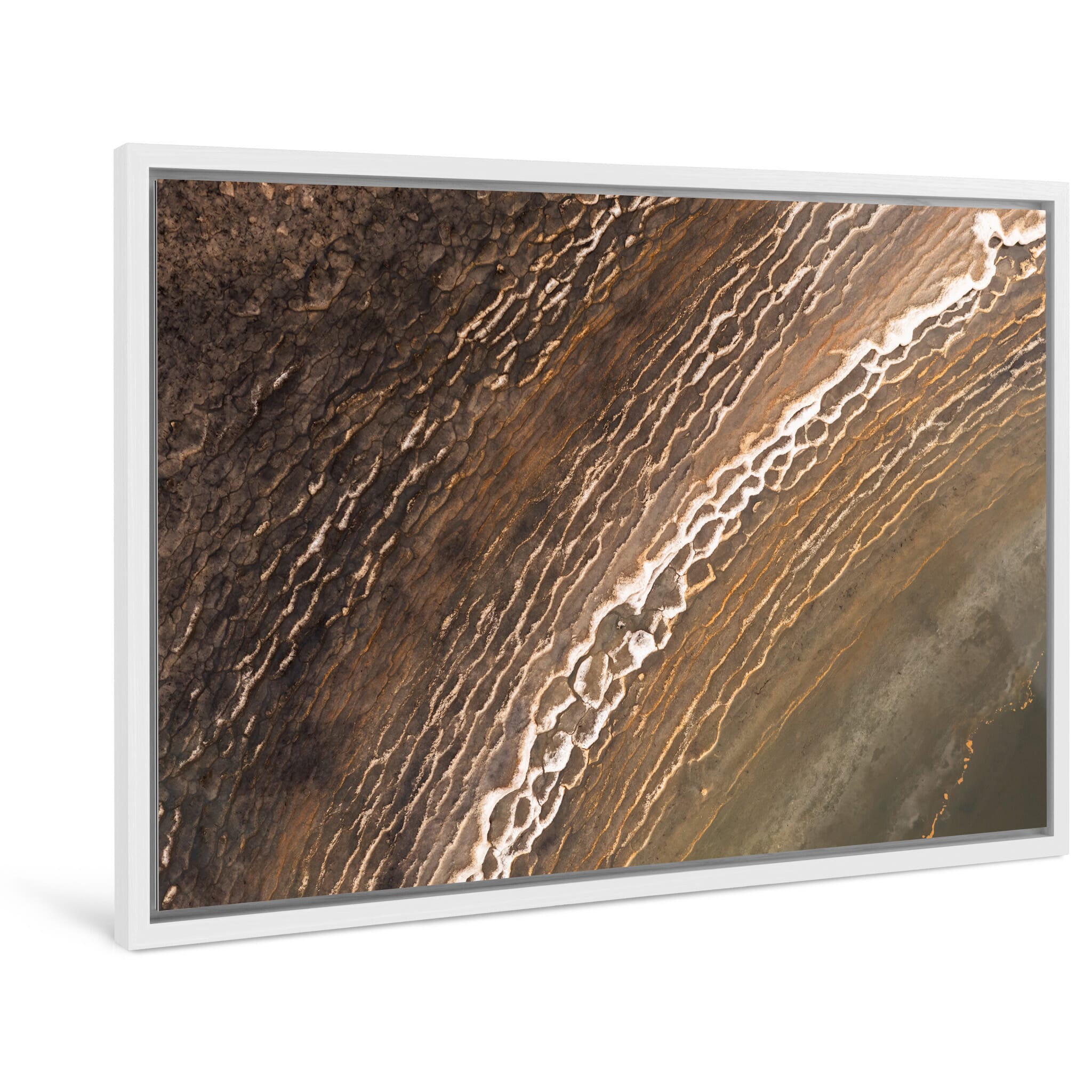 Framed photo print of frozen water surfaces with intricate natural textures