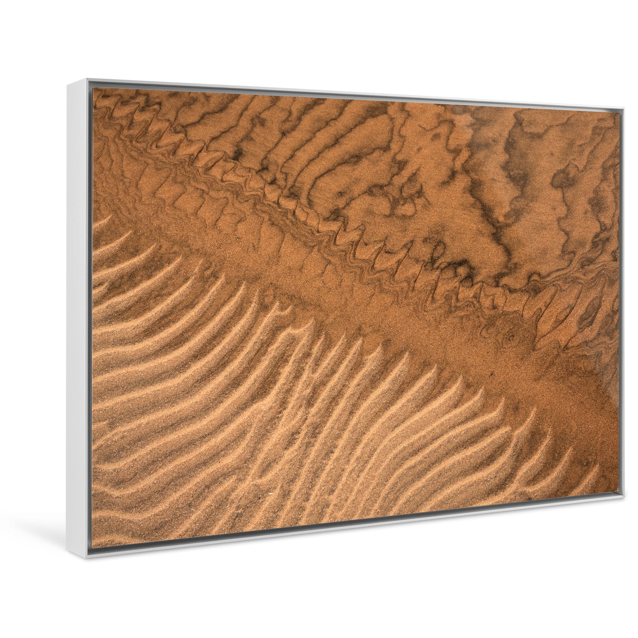 Framed photo print of shifting sand formations on a quiet Icelandic beach